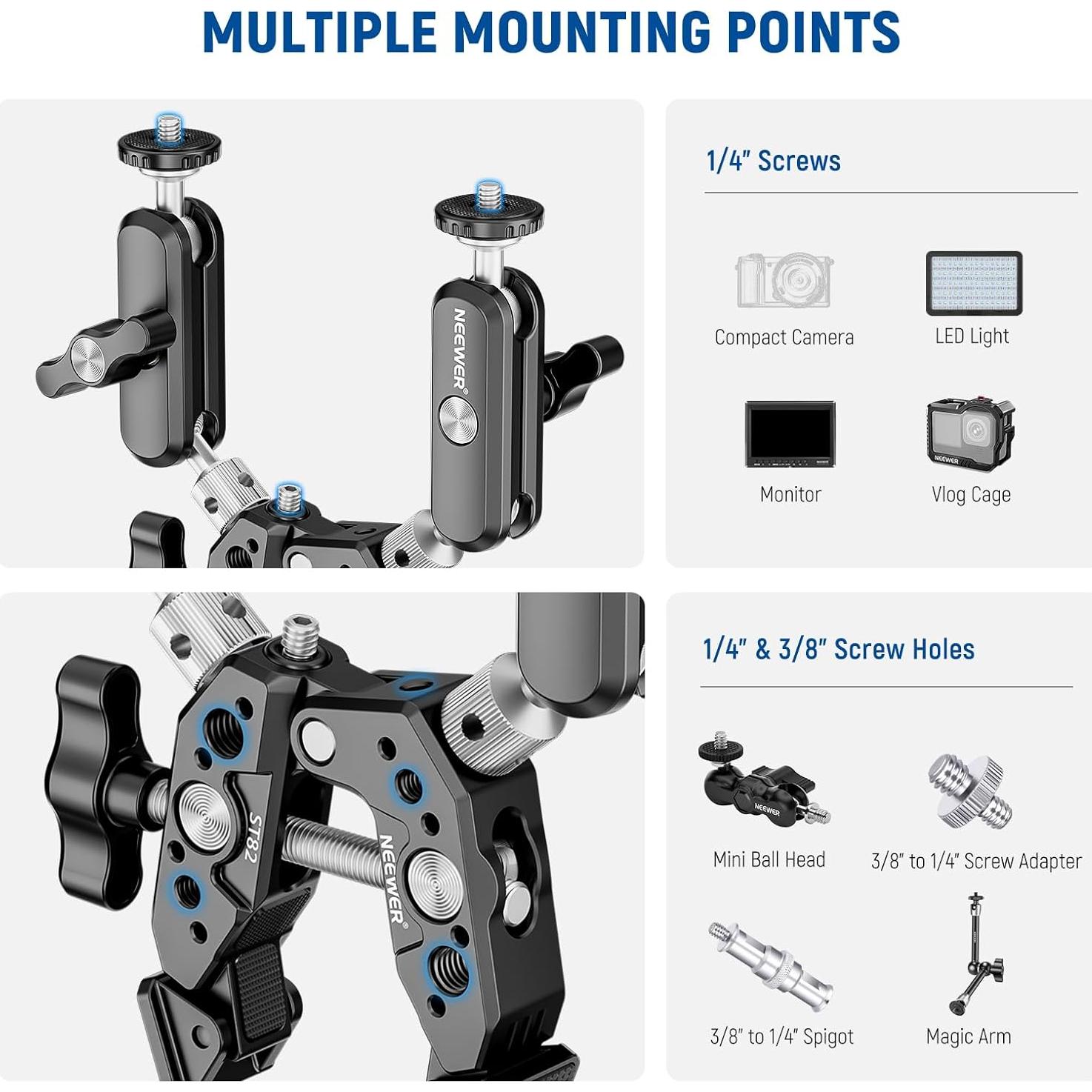 NEEWER Heavy Duty Super Clamp with Two 360° Dual Ball Head Magic Arms, 1/4" 3/8" Screw Threads, Phone & Action Camera Mount Adapter for Flat/Round Surface Compatible with GoPro DJI Insta360 DSLR