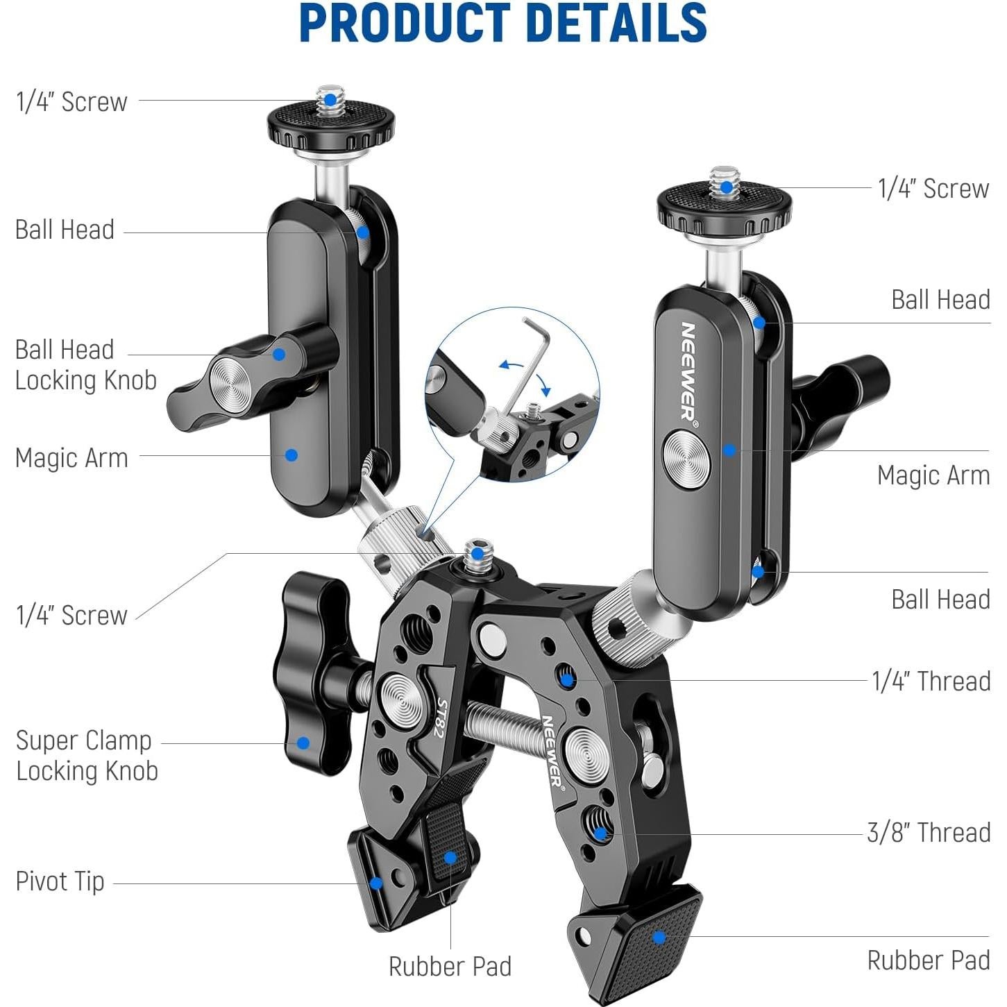 NEEWER Heavy Duty Super Clamp with Two 360° Dual Ball Head Magic Arms, 1/4" 3/8" Screw Threads, Phone & Action Camera Mount Adapter for Flat/Round Surface Compatible with GoPro DJI Insta360 DSLR