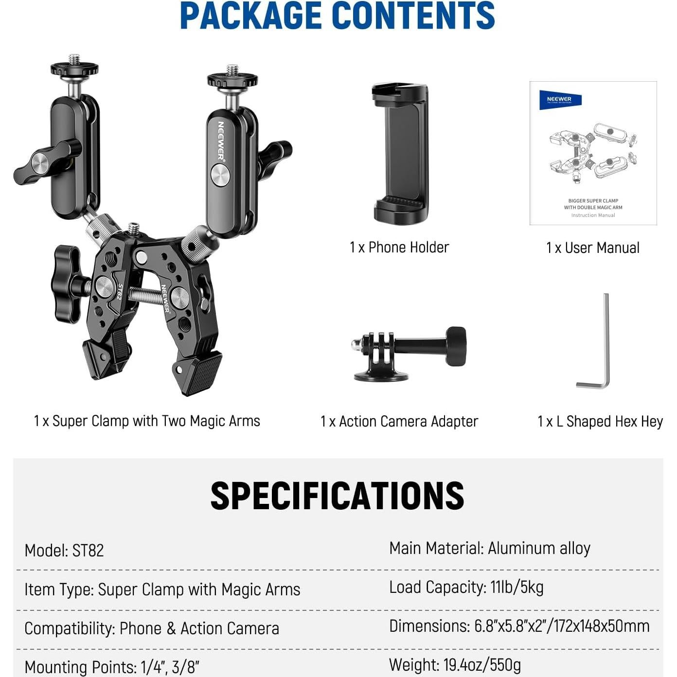 NEEWER Heavy Duty Super Clamp with Two 360° Dual Ball Head Magic Arms, 1/4" 3/8" Screw Threads, Phone & Action Camera Mount Adapter for Flat/Round Surface Compatible with GoPro DJI Insta360 DSLR