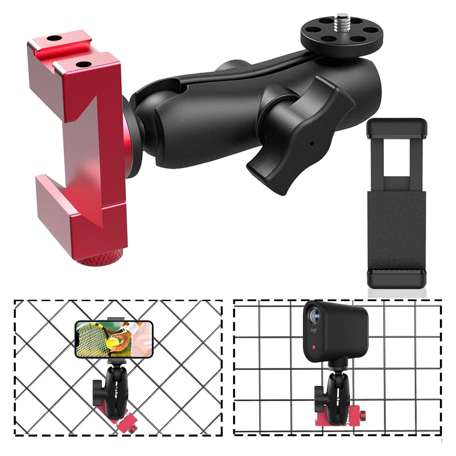 Smartphone Fence Mount for Tennis & Pickleball Training, Adjustable Retractable, 360 Swivel, Compatible with iPhone, Android, Mevo Start, AKASO EK7000, Digital Camera