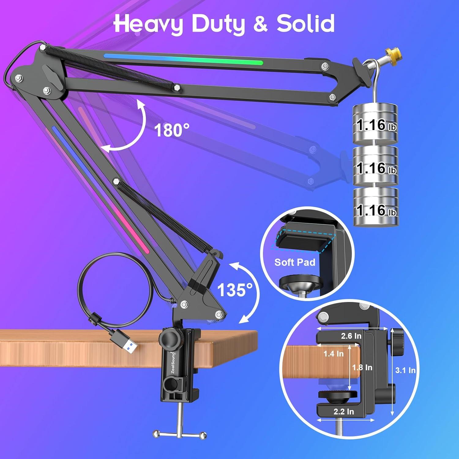 Soporte de Micrófono RGB ZealSound HT35, Brazo Ajustable 1.6kg