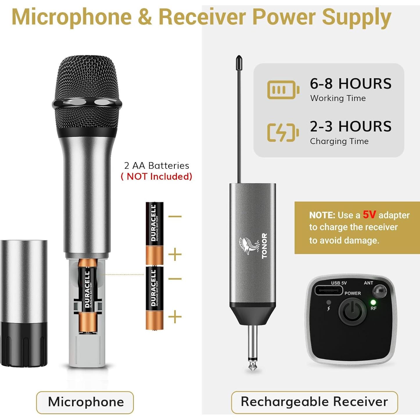 Micrófono Inalámbrico TONOR TW630, Dual UHF, 60m, Plata