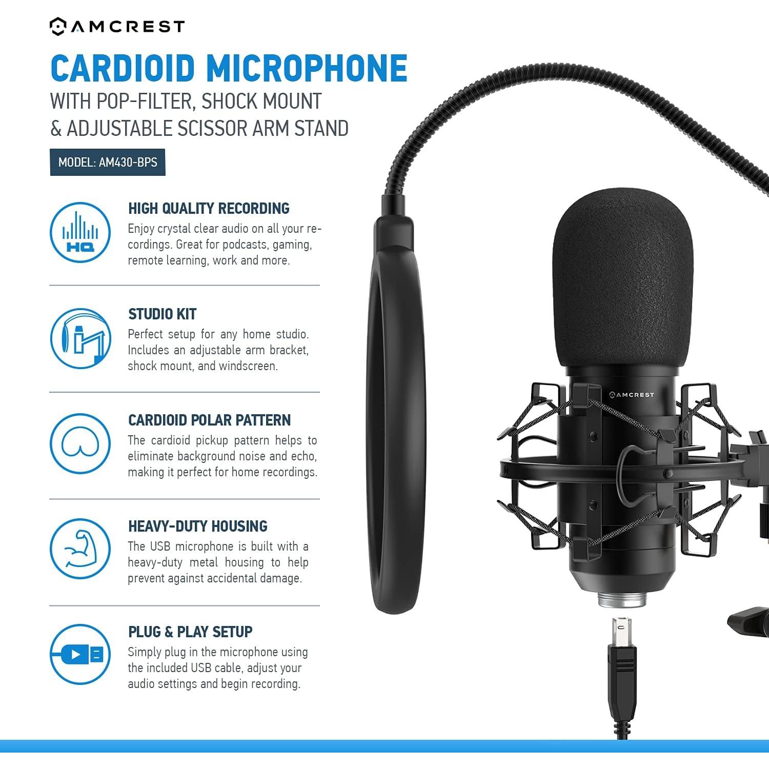 Micrófono USB Amcrest AM430-BPS con brazo y filtro anti-pop