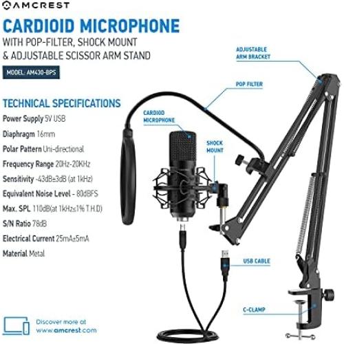 Micrófono USB Amcrest AM430-BPS con brazo y filtro anti-pop