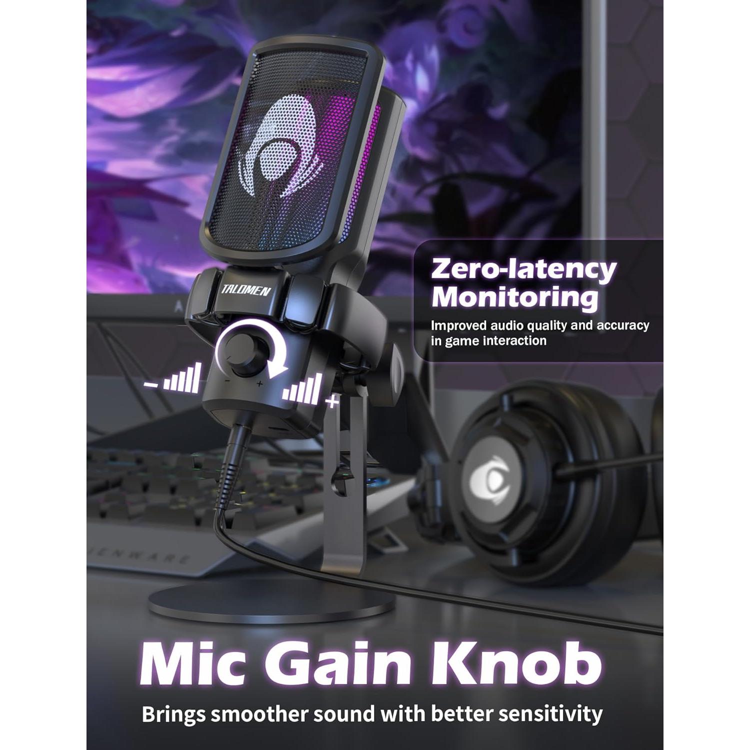 Gaming USB Microphone for PC, Podcast Condenser Mic with RGB Lights, Mute, Gain Knob, Computer Desktop Mic with Metal Stand, Pop Filter, Shock Mount for Streaming, Recording, Chat, PS4, PS5