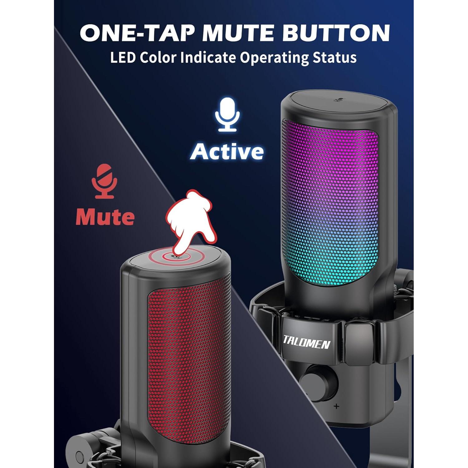 Gaming USB Microphone for PC, Podcast Condenser Mic with RGB Lights, Mute, Gain Knob, Computer Desktop Mic with Metal Stand, Pop Filter, Shock Mount for Streaming, Recording, Chat, PS4, PS5