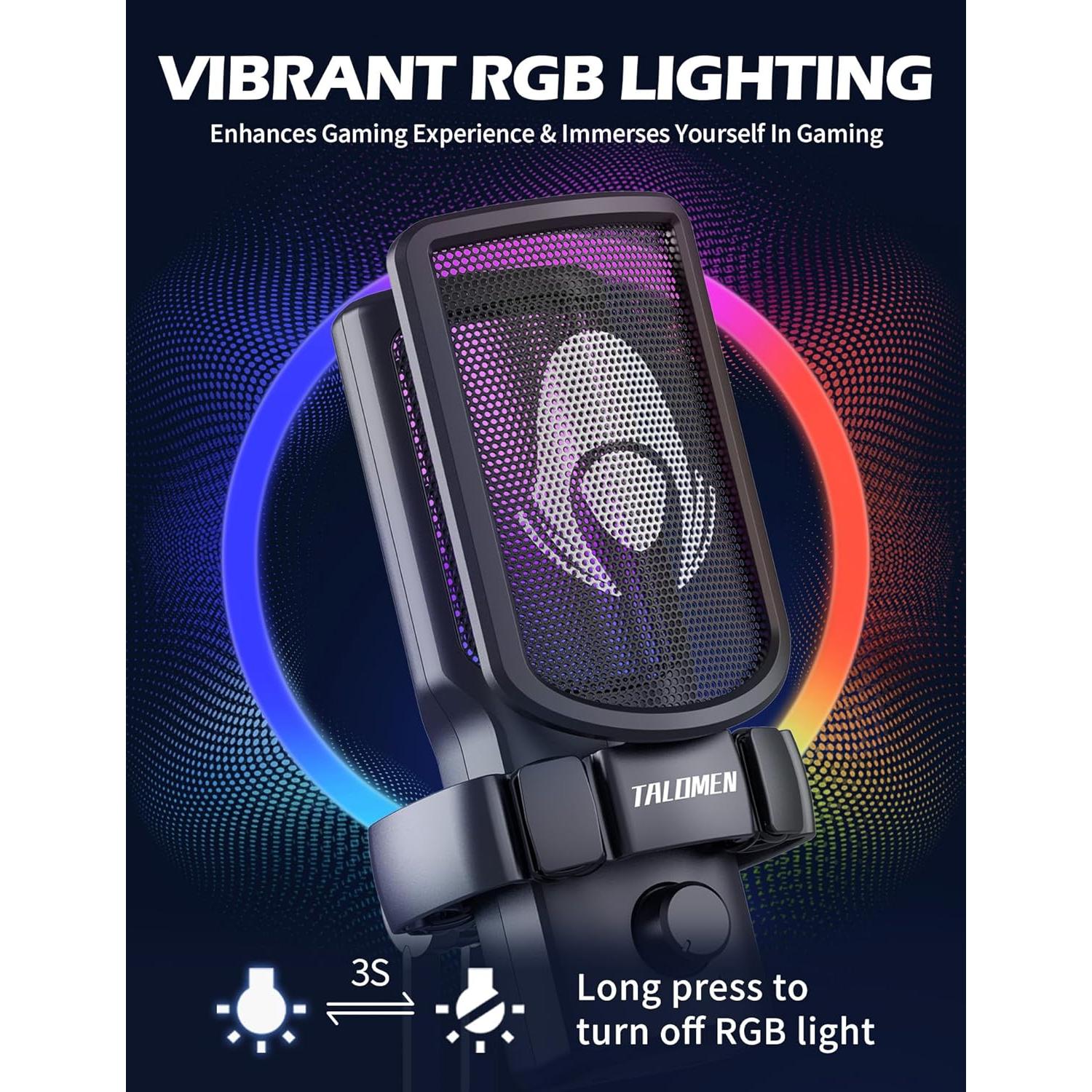 Gaming USB Microphone for PC, Podcast Condenser Mic with RGB Lights, Mute, Gain Knob, Computer Desktop Mic with Metal Stand, Pop Filter, Shock Mount for Streaming, Recording, Chat, PS4, PS5