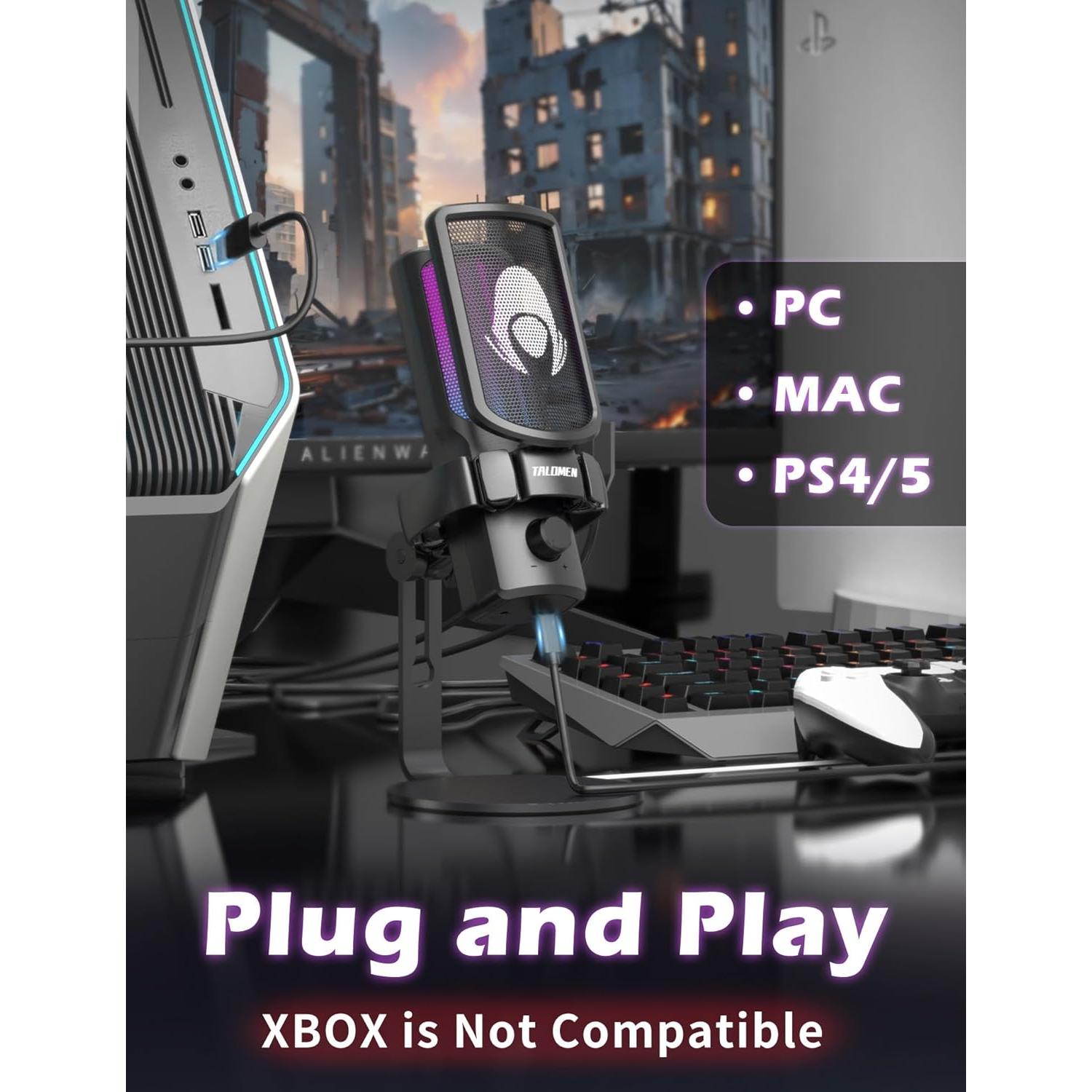 Gaming USB Microphone for PC, Podcast Condenser Mic with RGB Lights, Mute, Gain Knob, Computer Desktop Mic with Metal Stand, Pop Filter, Shock Mount for Streaming, Recording, Chat, PS4, PS5