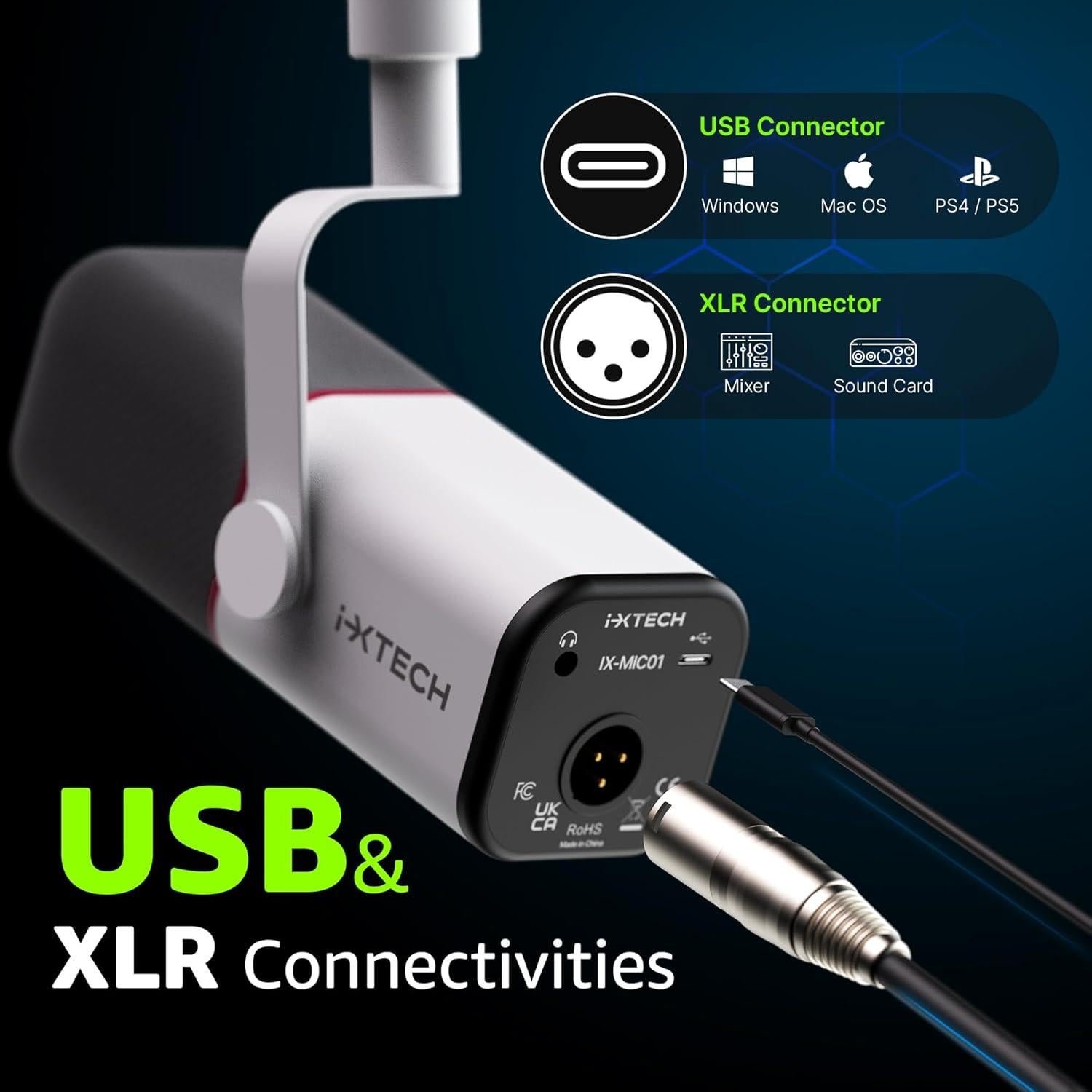 Micrófono Dinámico Cardioide IXTECH USB XLR Blanco 20Hz-20KHz