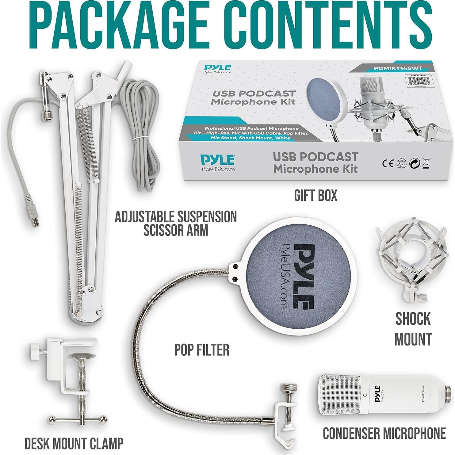 Kit Micrófono USB Pyle PDMIKT145WT Cardioide con Soporte