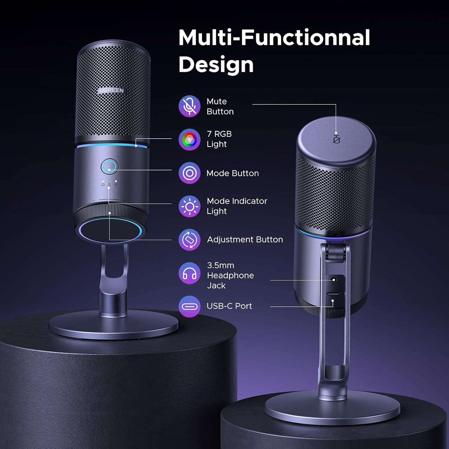 Micrófono UGREEN USB con Luces RGB, 24bit/96kHz, Cardioide
