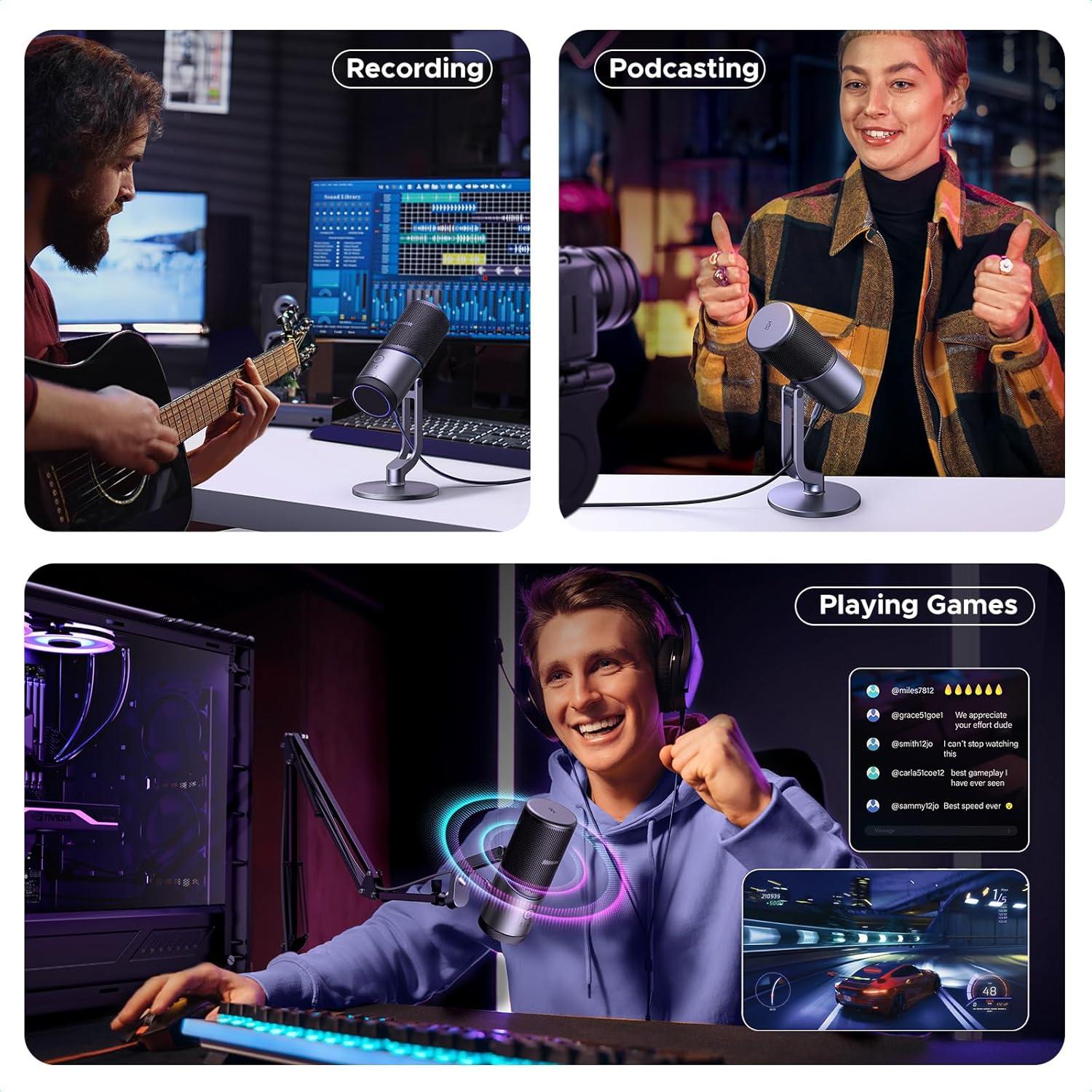 Micrófono UGREEN USB con Luces RGB, 24bit/96kHz, Cardioide