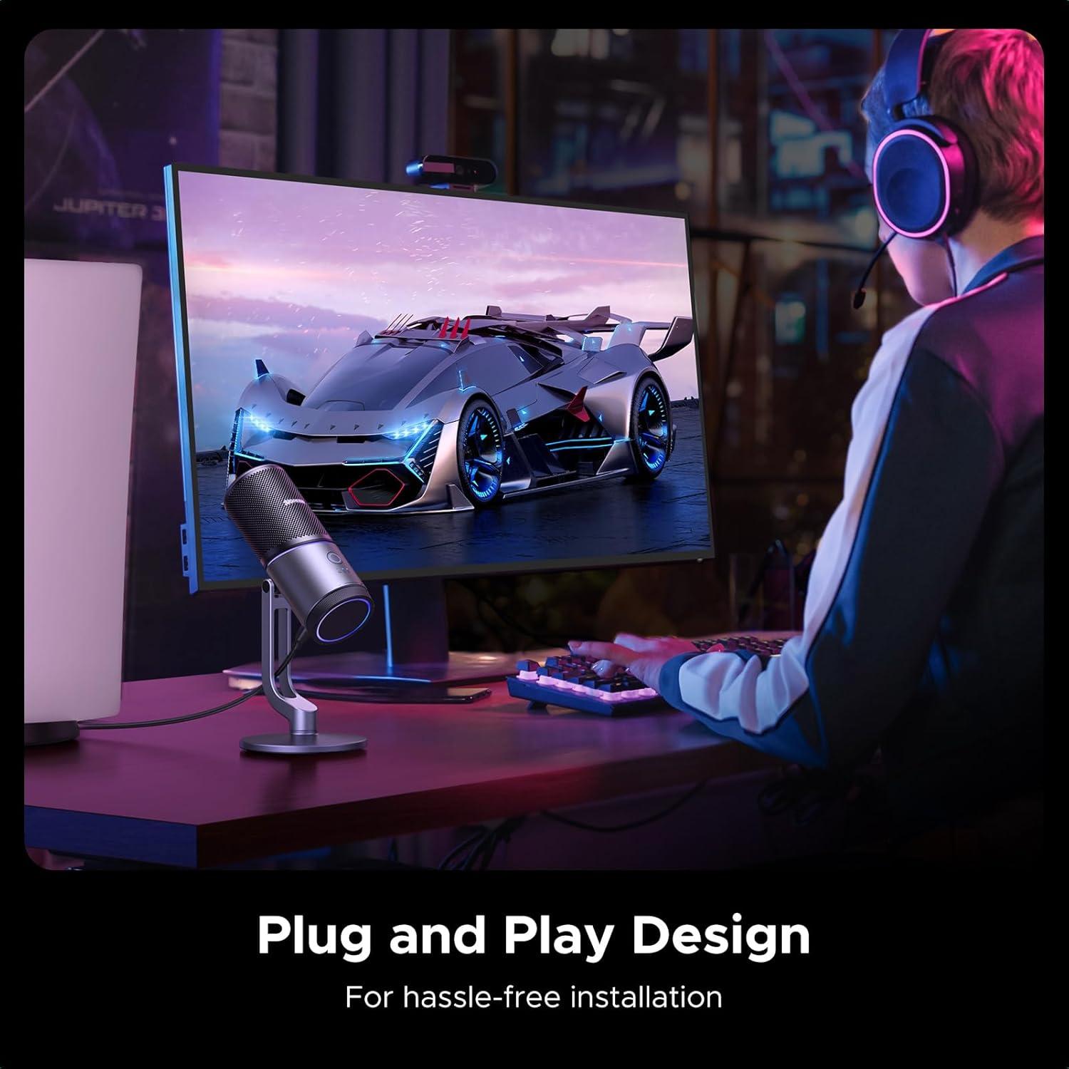 Micrófono UGREEN USB con Luces RGB, 24bit/96kHz, Cardioide