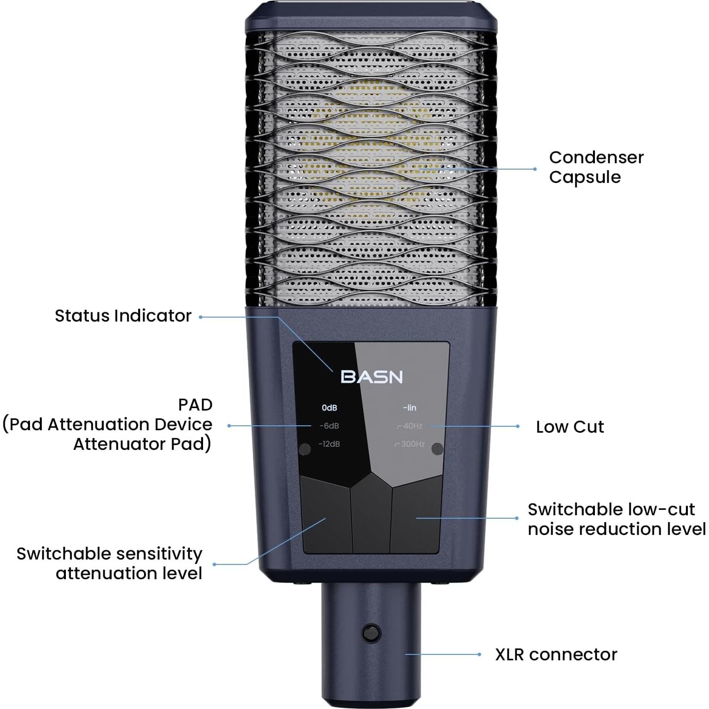Micrófono de Condensador XLR BASN BMS2 Cardioide Azul