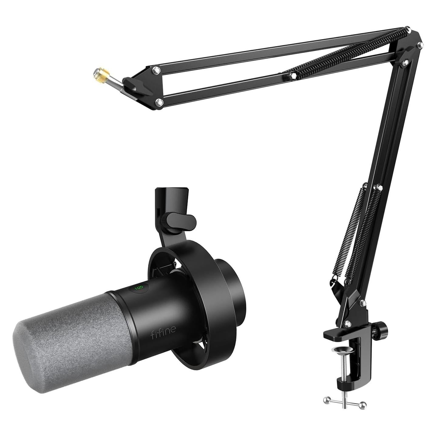 FIFINE Dynamic Microphone and Suspension Scissor Mic Stand Kit, XLR/USB Podcast PC Mic with Mute, Volume Control for Recording, Boom Arm Stand Set with Heavy Duty Clamp for Voice-Over (K688+CS1)