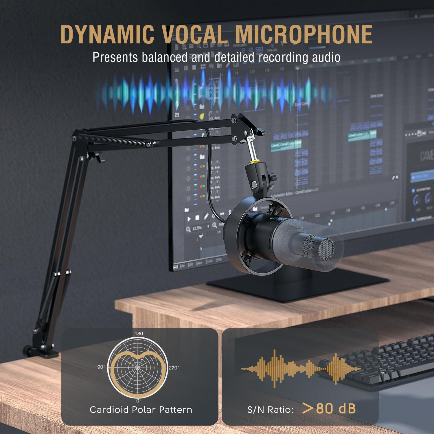 FIFINE Dynamic Microphone and Suspension Scissor Mic Stand Kit, XLR/USB Podcast PC Mic with Mute, Volume Control for Recording, Boom Arm Stand Set with Heavy Duty Clamp for Voice-Over (K688+CS1)