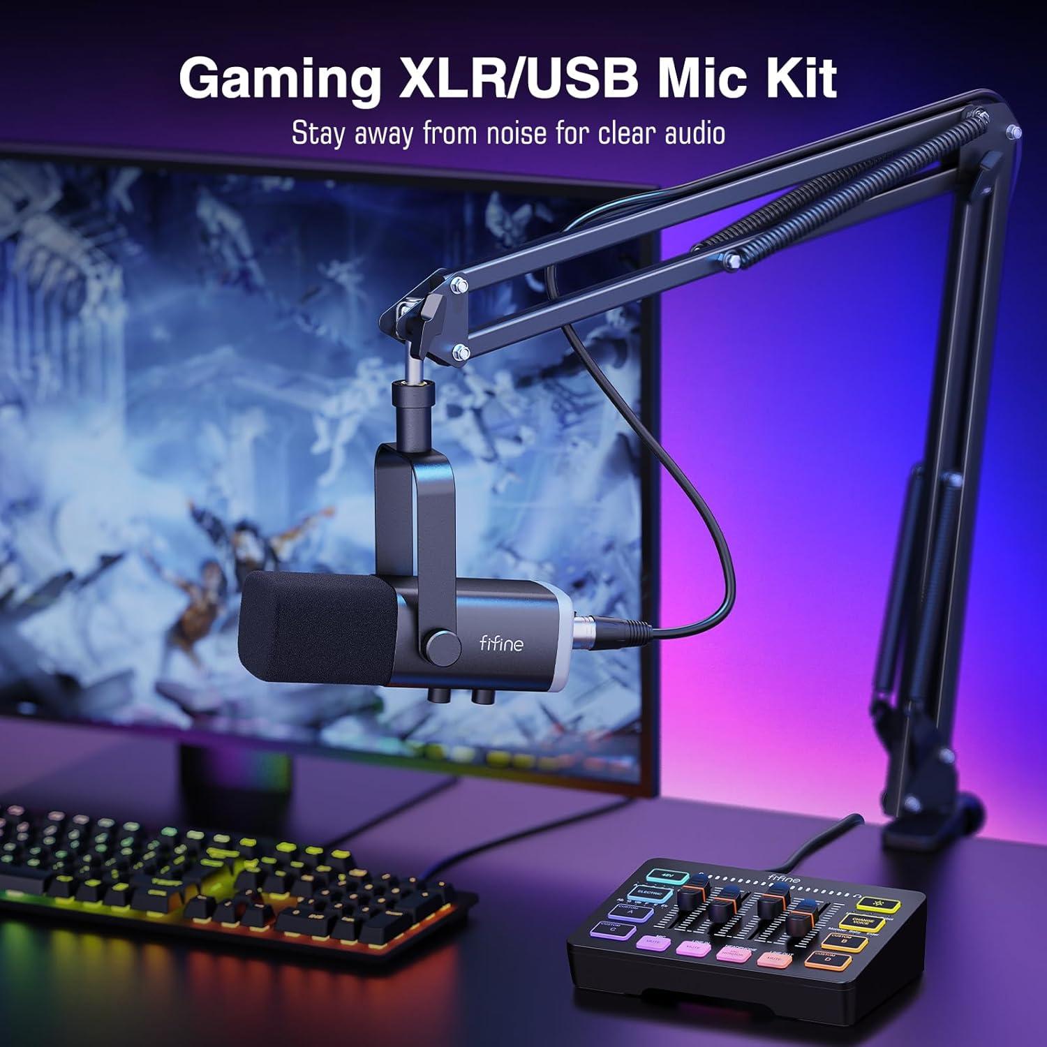Micrófono Gaming FIFINE AM8T + Mezclador SC3 USB/XLR RGB