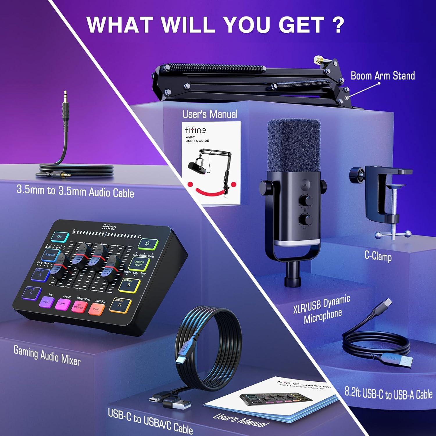 Micrófono Gaming FIFINE AM8T + Mezclador SC3 USB/XLR RGB