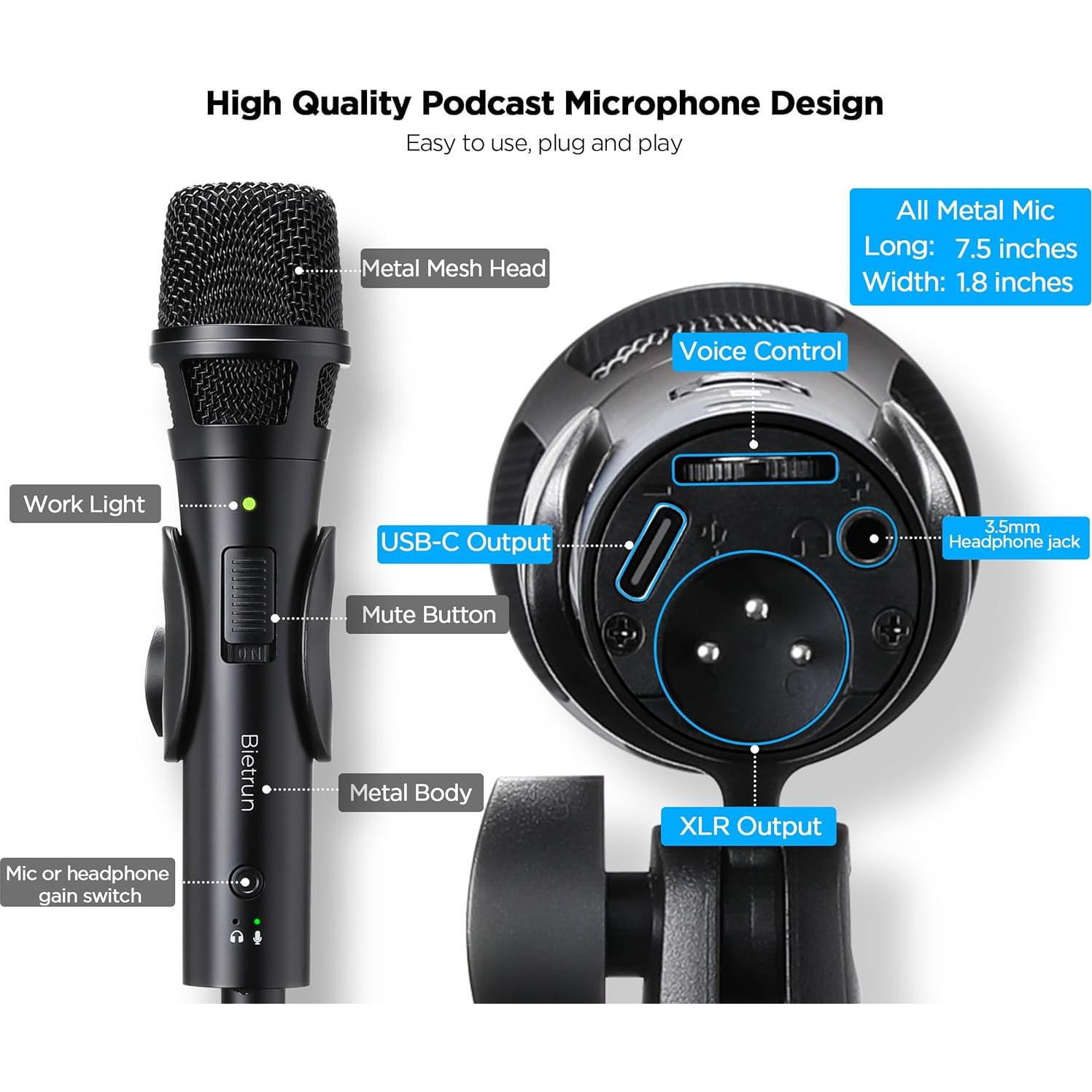 Micrófono Dinámico Profesional USB/XLR BietrunPro para Estudio