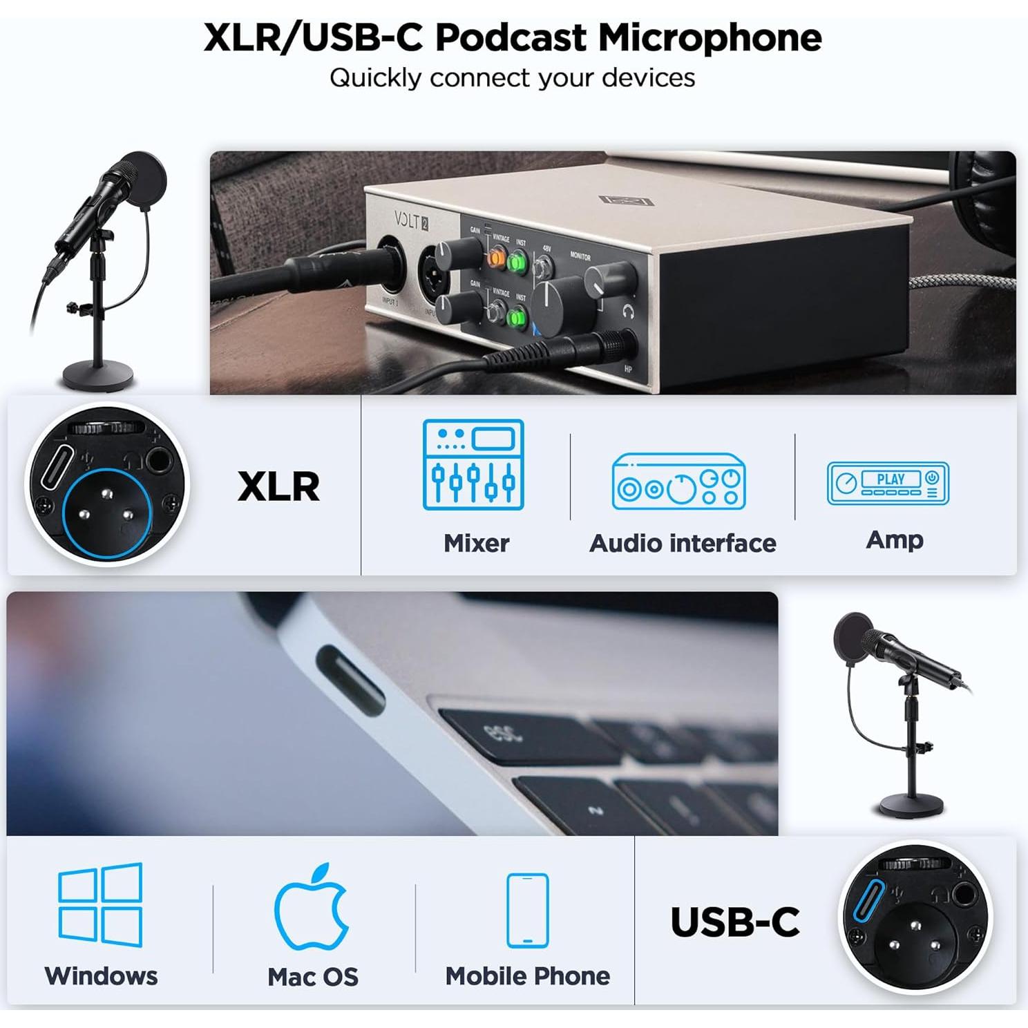 Micrófono Dinámico Profesional USB/XLR BietrunPro para Estudio