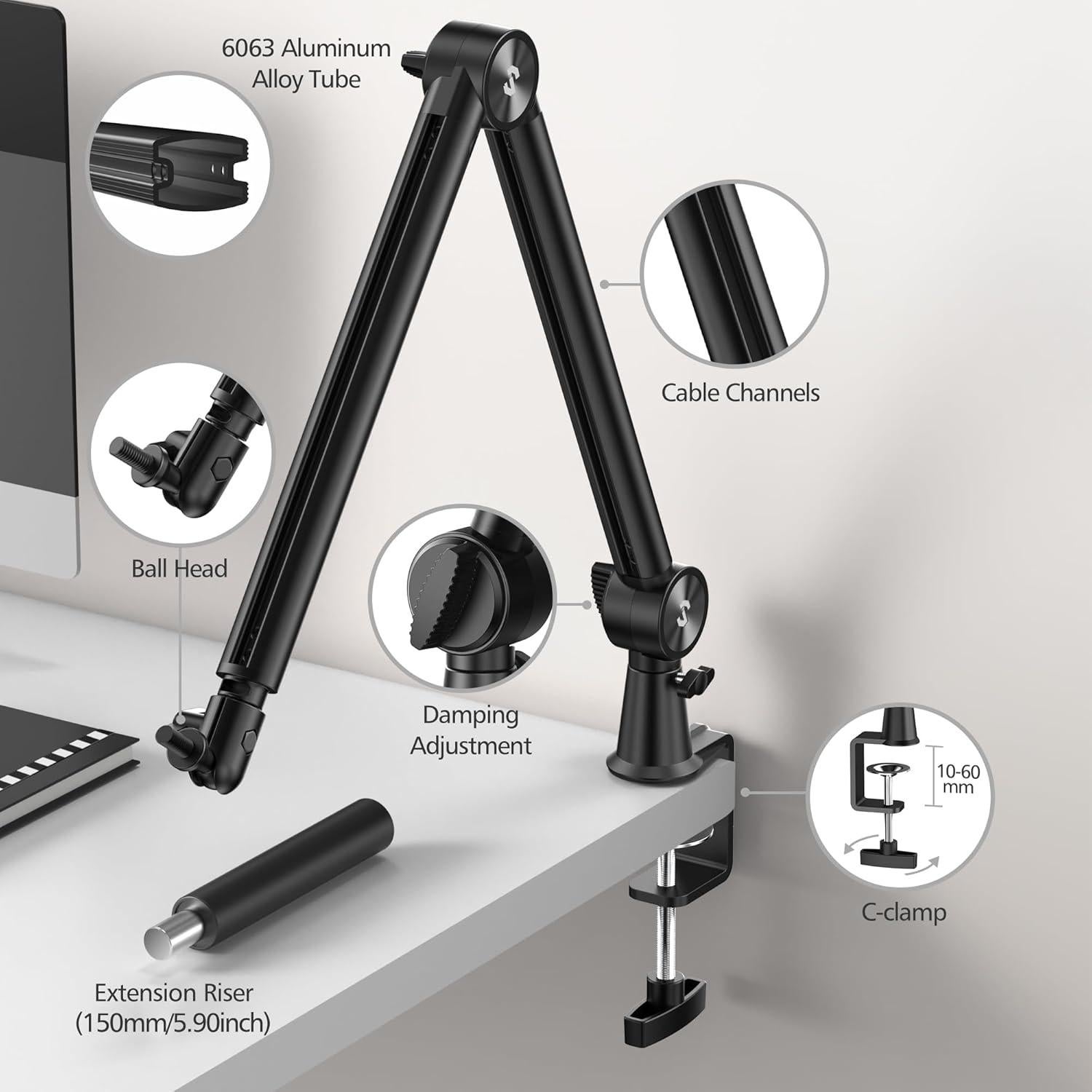 Soporte de Brazo de Micrófono CMTECK con Elevador 15cm
