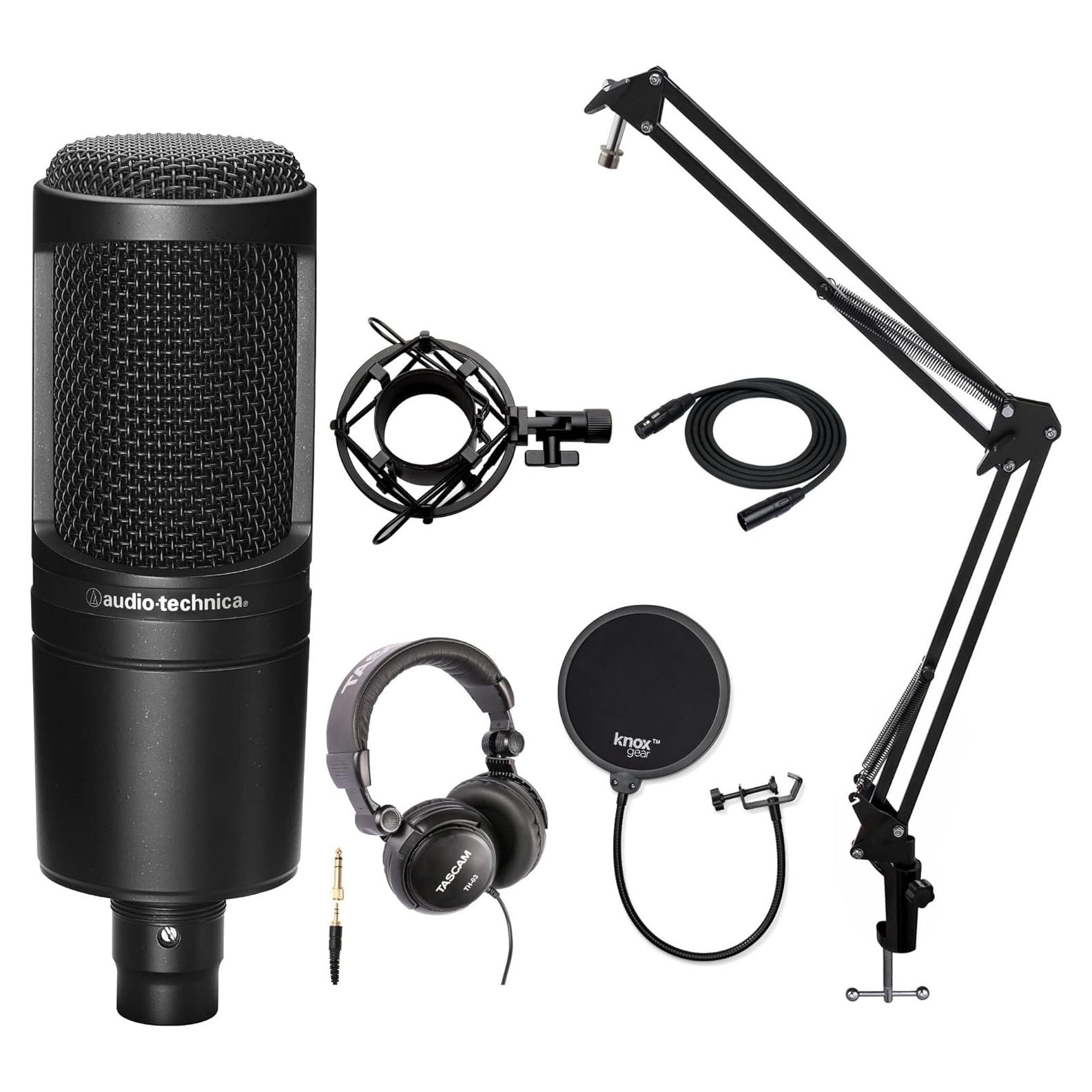 AT2020 Condenser Studio Microphone with Studio Headphones, Knox Gear Pop Filter, Boom Arm, Shock Mount and XLR Cable
