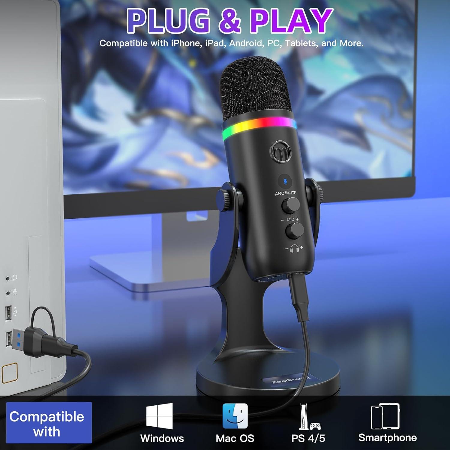 Micrófono USB ZealSound K66 Pro con RGB y Cancelación de Ruido