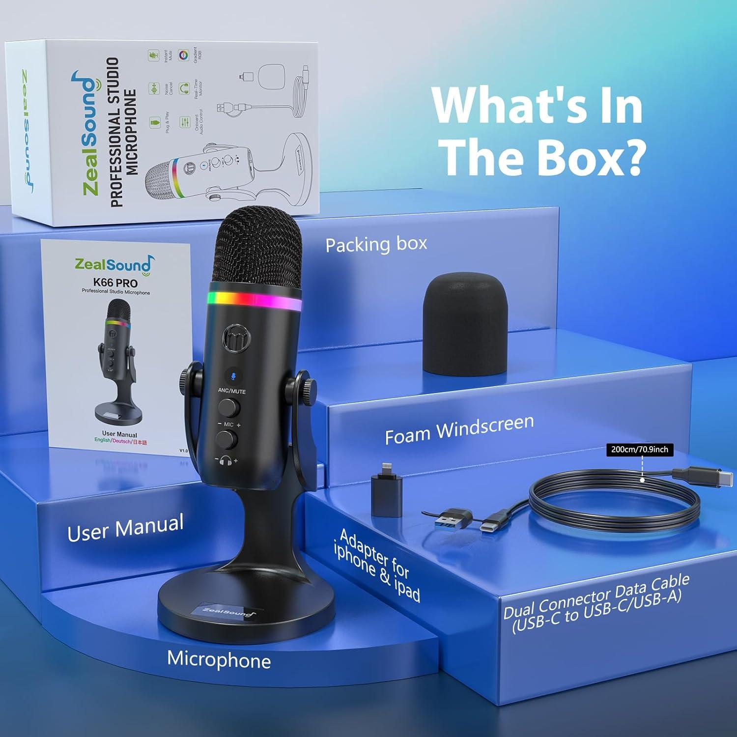 Micrófono USB ZealSound K66 Pro con RGB y Cancelación de Ruido