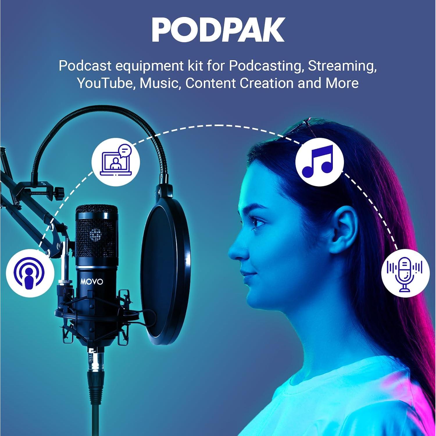Kit de Podcasting Movo PodPak con Micrófono XLR y Brazo