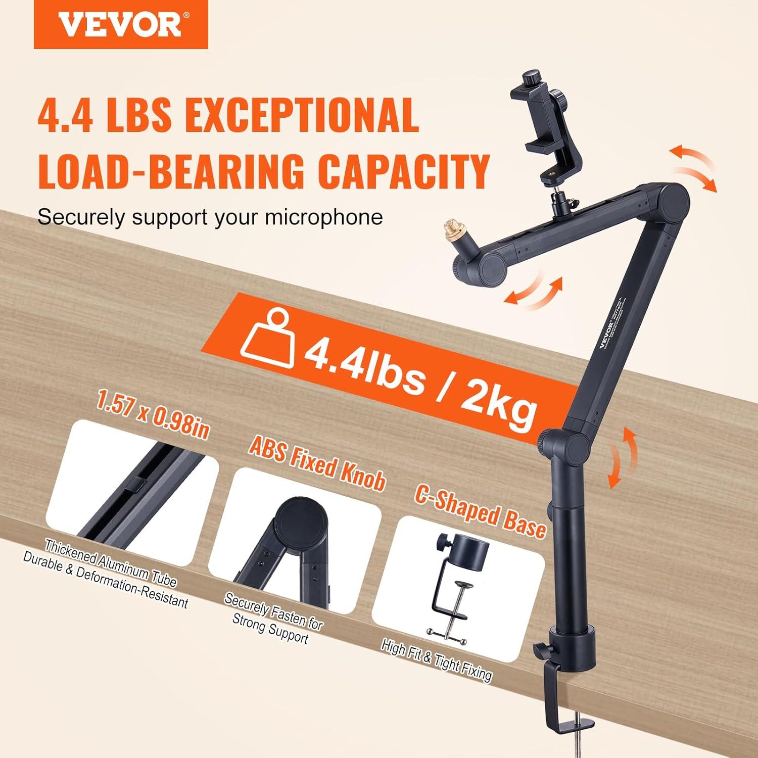 VEVOR Microphone Boom Arm with Desk Mount, 360° Rotatable, Adjustable Mic Stand with 3/8" to 5/8" Adapter Port Headset Hook, for Blue Yeti Hyperx Quadcast Blue Snowball Shure SM7B Audio Technica