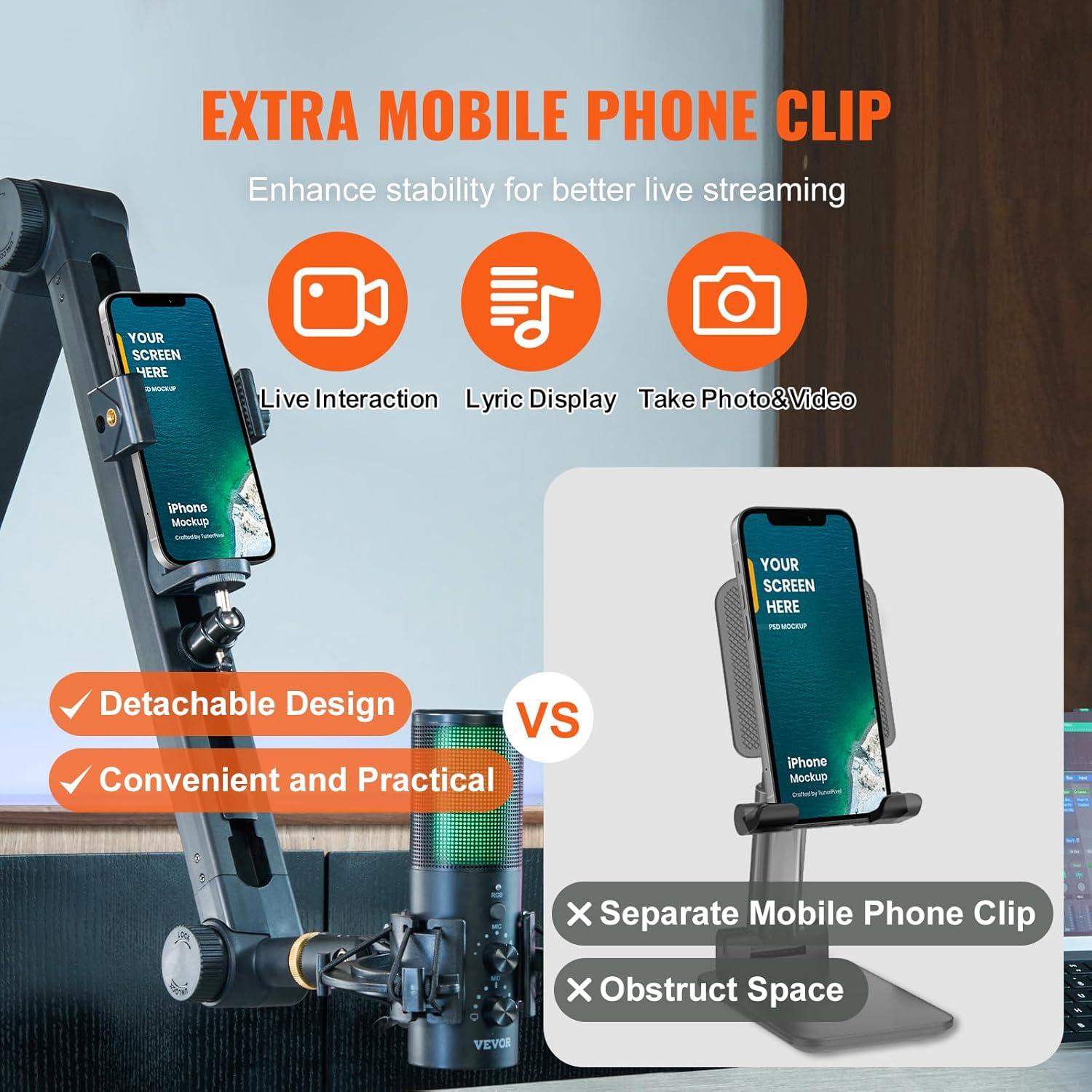 VEVOR Microphone Boom Arm with Desk Mount, 360° Rotatable, Adjustable Mic Stand with 3/8" to 5/8" Adapter Port Headset Hook, for Blue Yeti Hyperx Quadcast Blue Snowball Shure SM7B Audio Technica