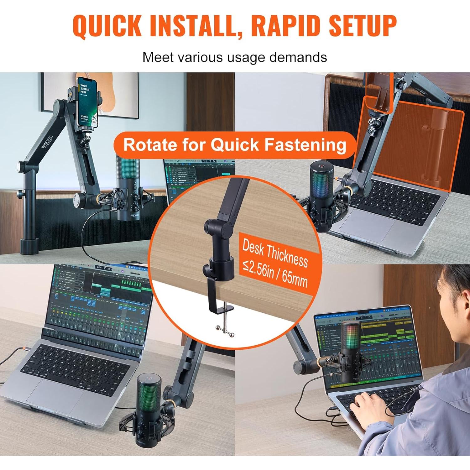 VEVOR Microphone Boom Arm with Desk Mount, 360° Rotatable, Adjustable Mic Stand with 3/8" to 5/8" Adapter Port Headset Hook, for Blue Yeti Hyperx Quadcast Blue Snowball Shure SM7B Audio Technica