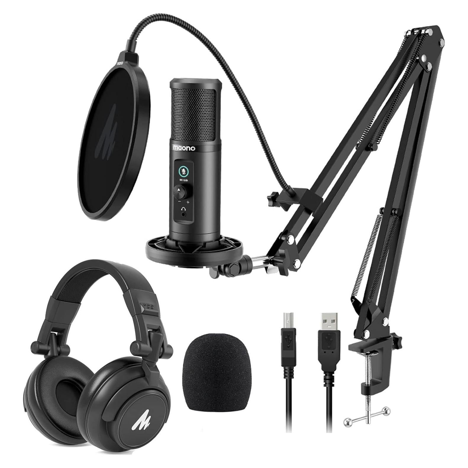 Micrófono USB MAONO PM422 con Auriculares MH601 para Podcast