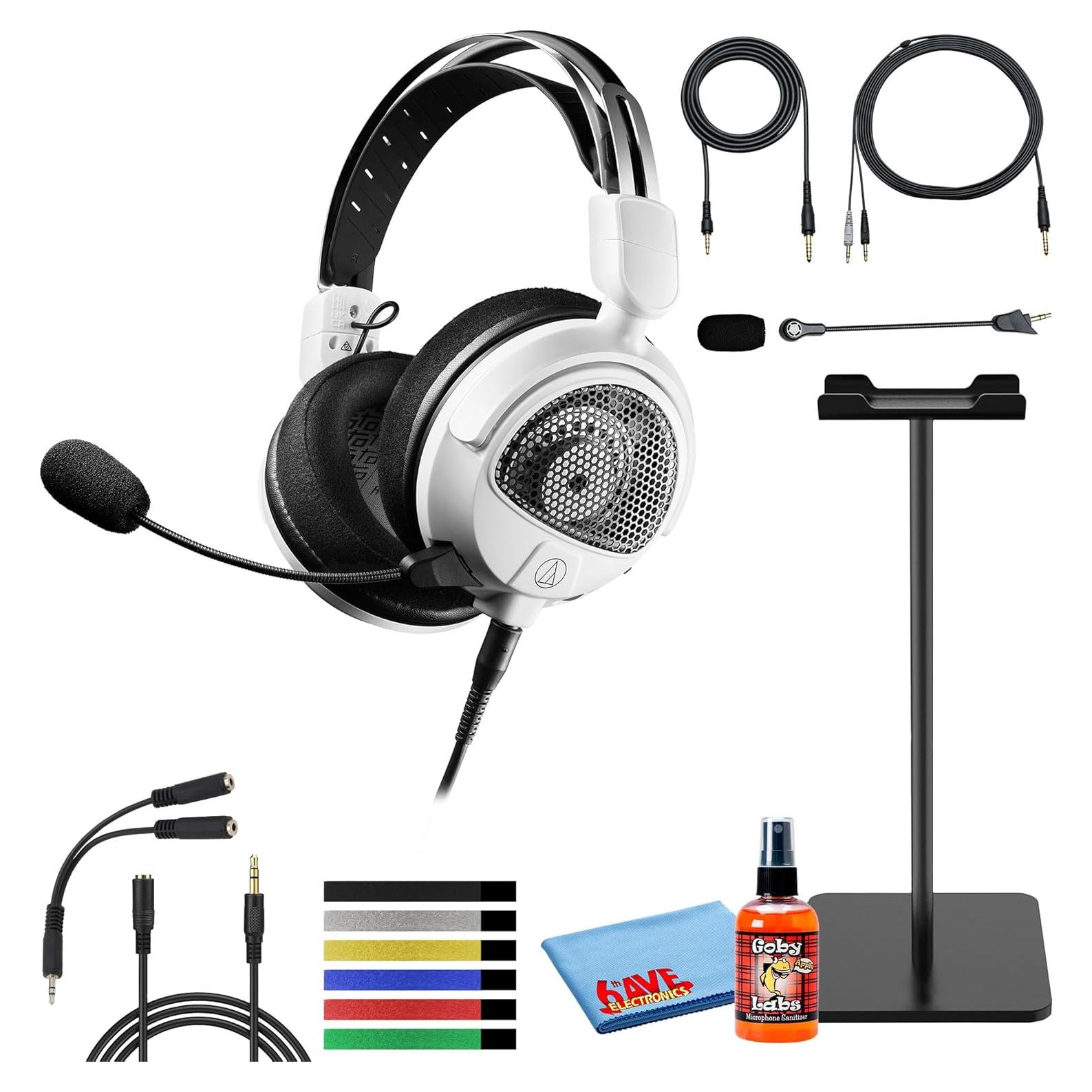 Audio-Technica Consumer ATH-GDL3 Open-Back Over-Ear Gaming Headset with Microphone Bundle with Headphones Stand and Accessories (White)