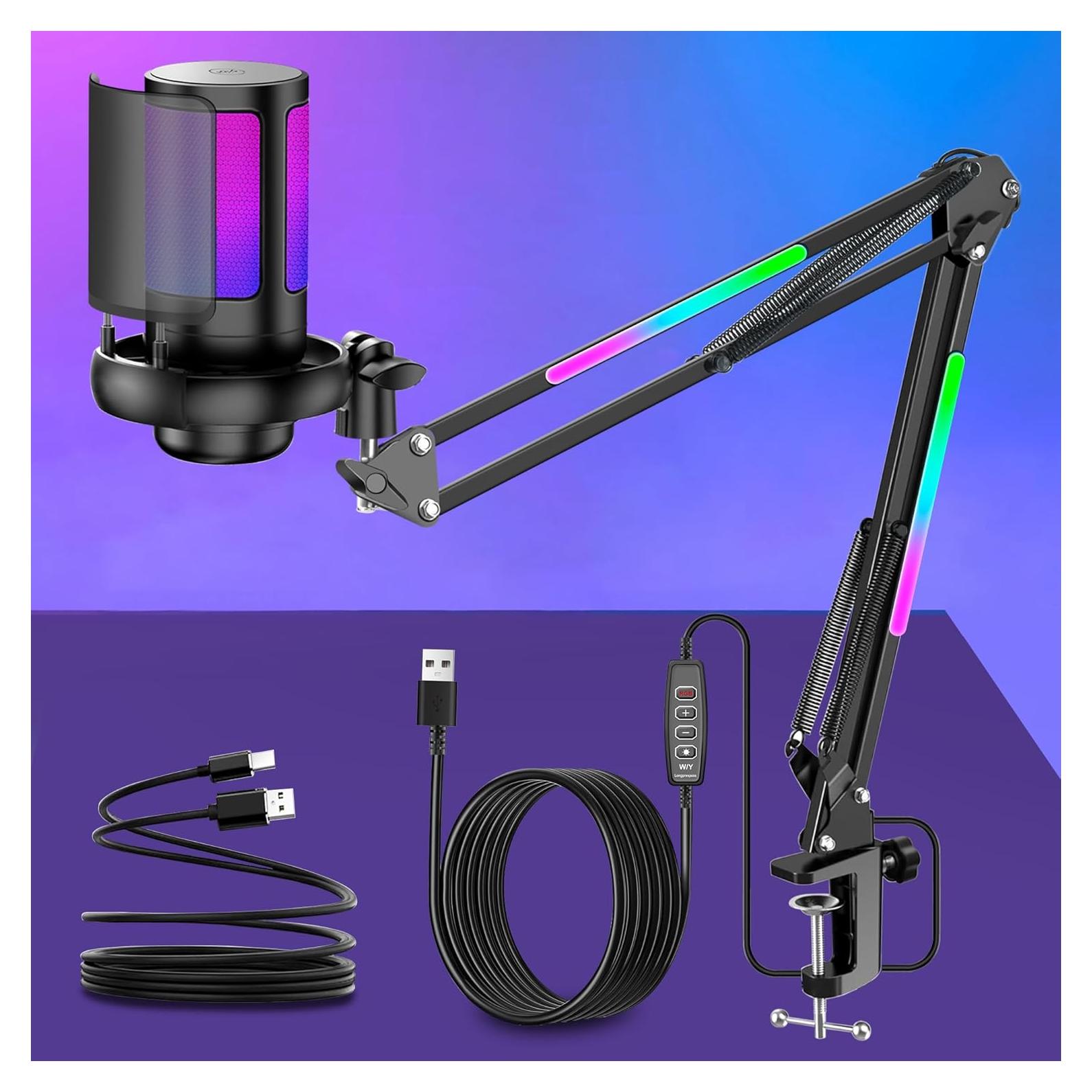 Micrófono USB KingSom Mic-1 con Brazo LED y Cancelación de Ruido