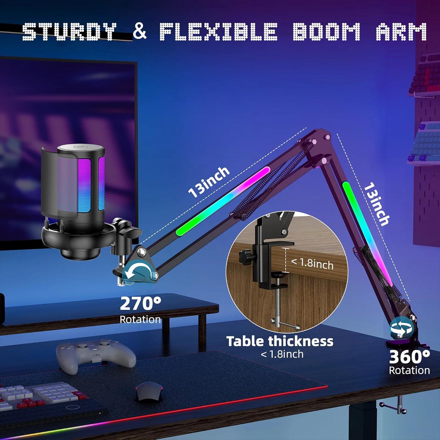 Micrófono USB KingSom Mic-1 con Brazo LED y Cancelación de Ruido