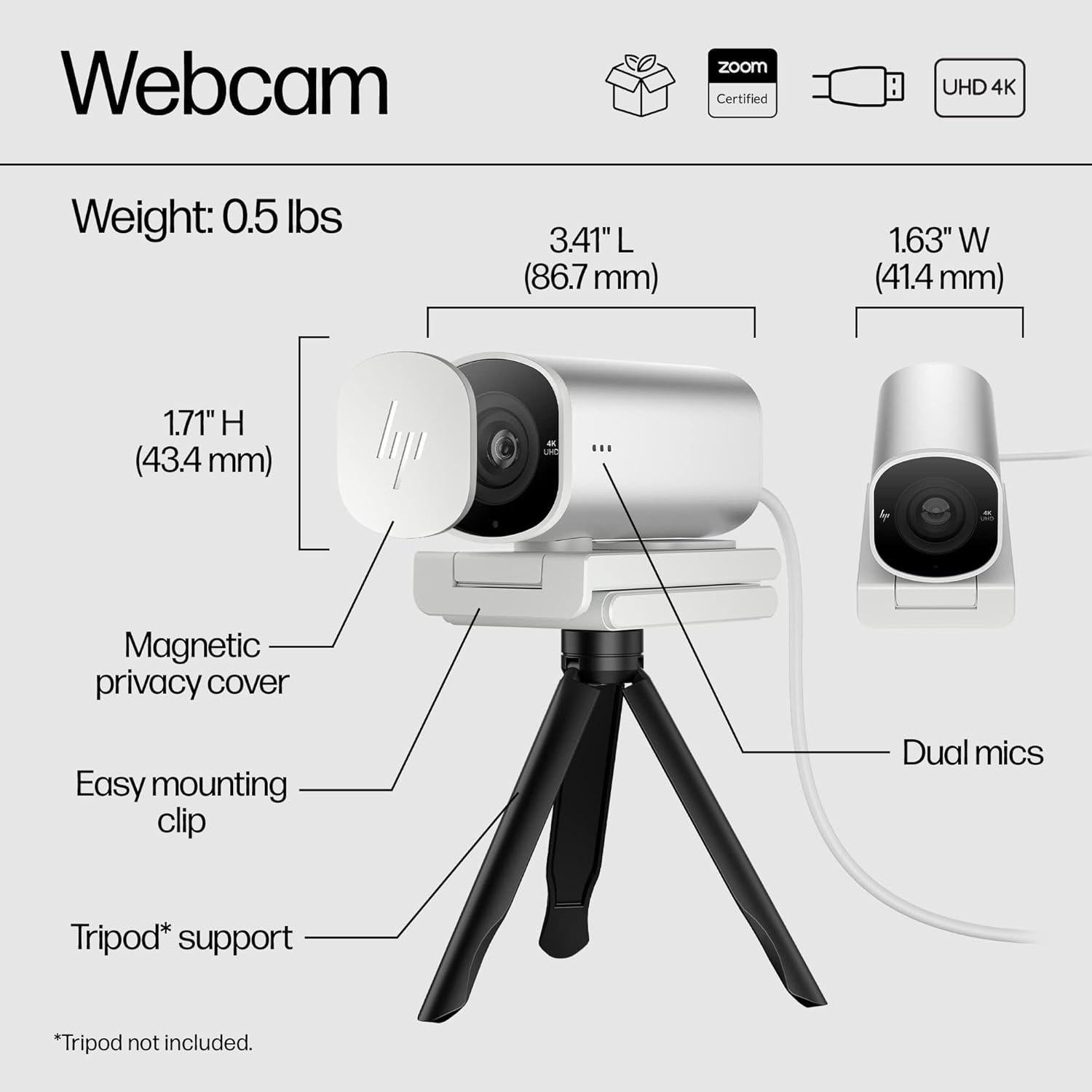 Webcam HP 960 4K Streaming - Cámara 30 FPS, Micrófonos Duales