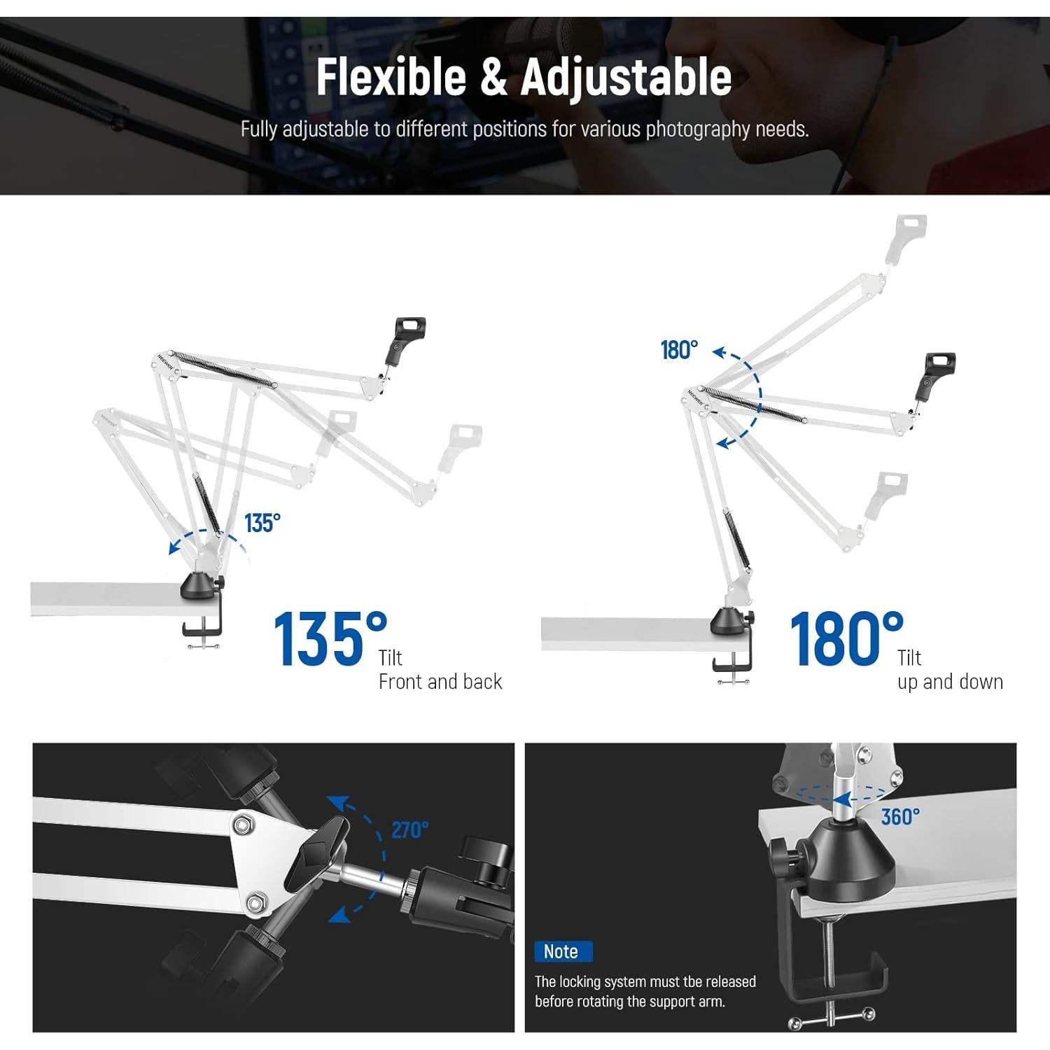 NEEWER Microphone Arm Stand, Suspension Boom Scissor Microphone Arm Stand with 3/8 Inch to 5/8 Inch Screw and Cable Ties, Compatible with Blue Yeti Snowball Yeti X Quadcast etc. Max. Load 1.5 kg