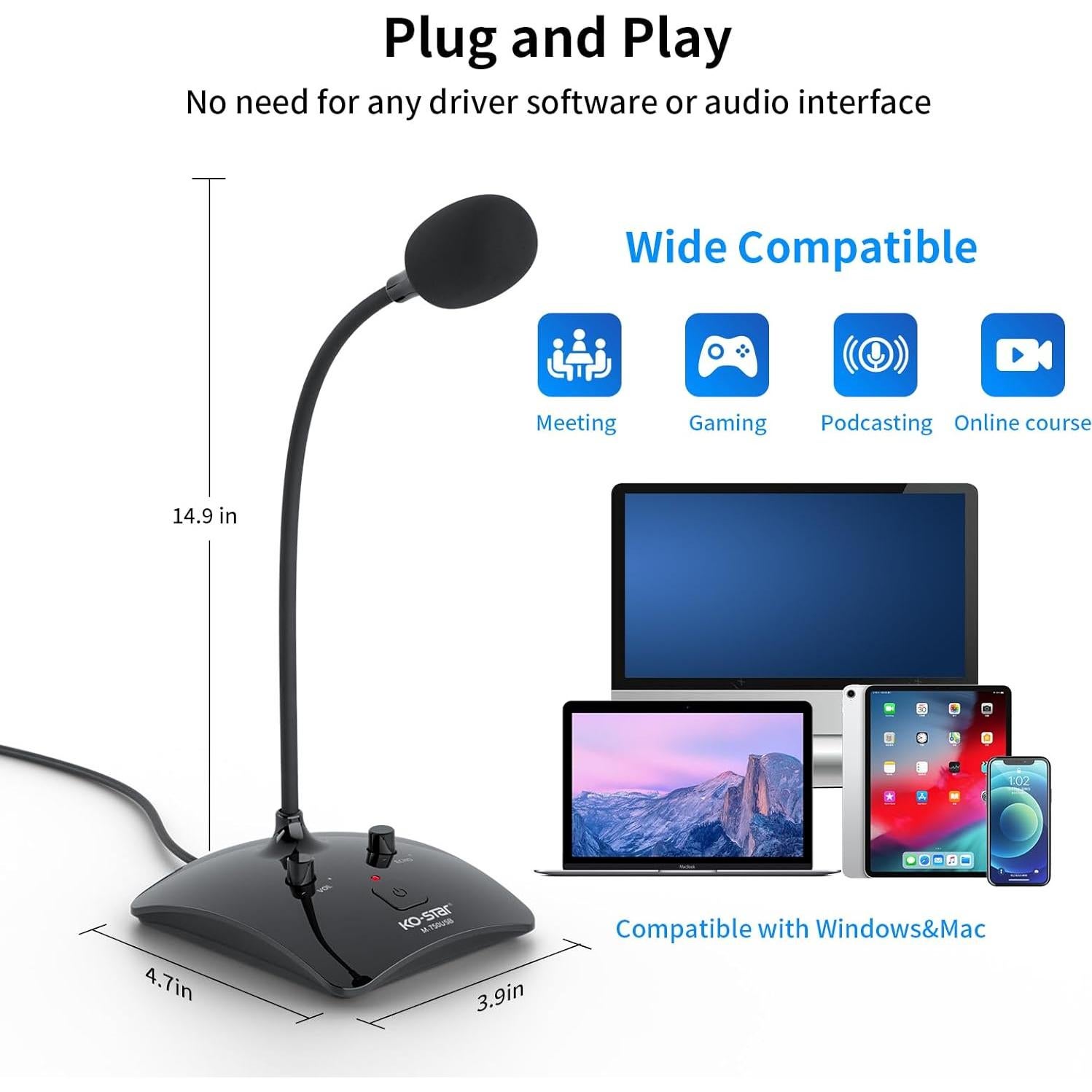 Micrófono de Condensador Omnidireccional KO-STAR USB Negro