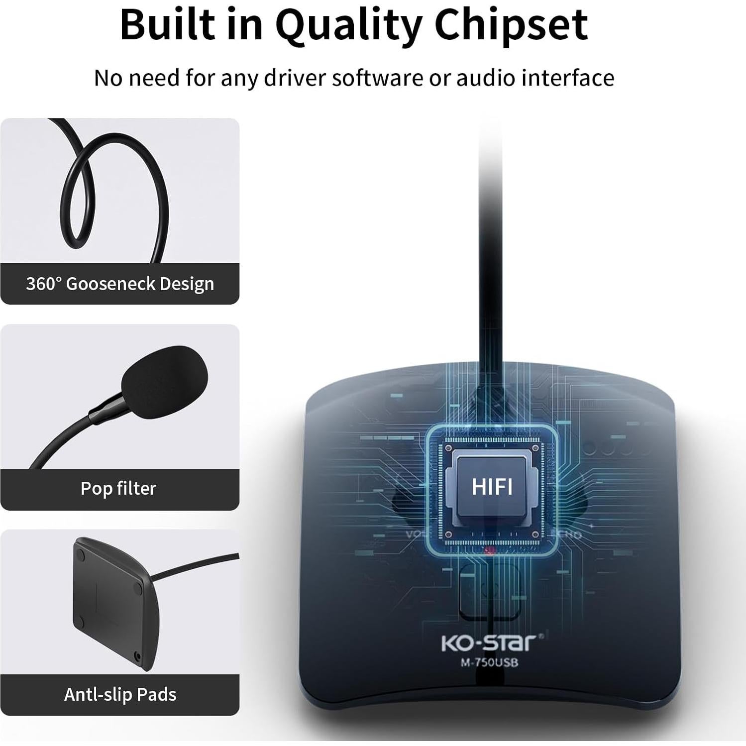 Micrófono de Condensador Omnidireccional KO-STAR USB Negro