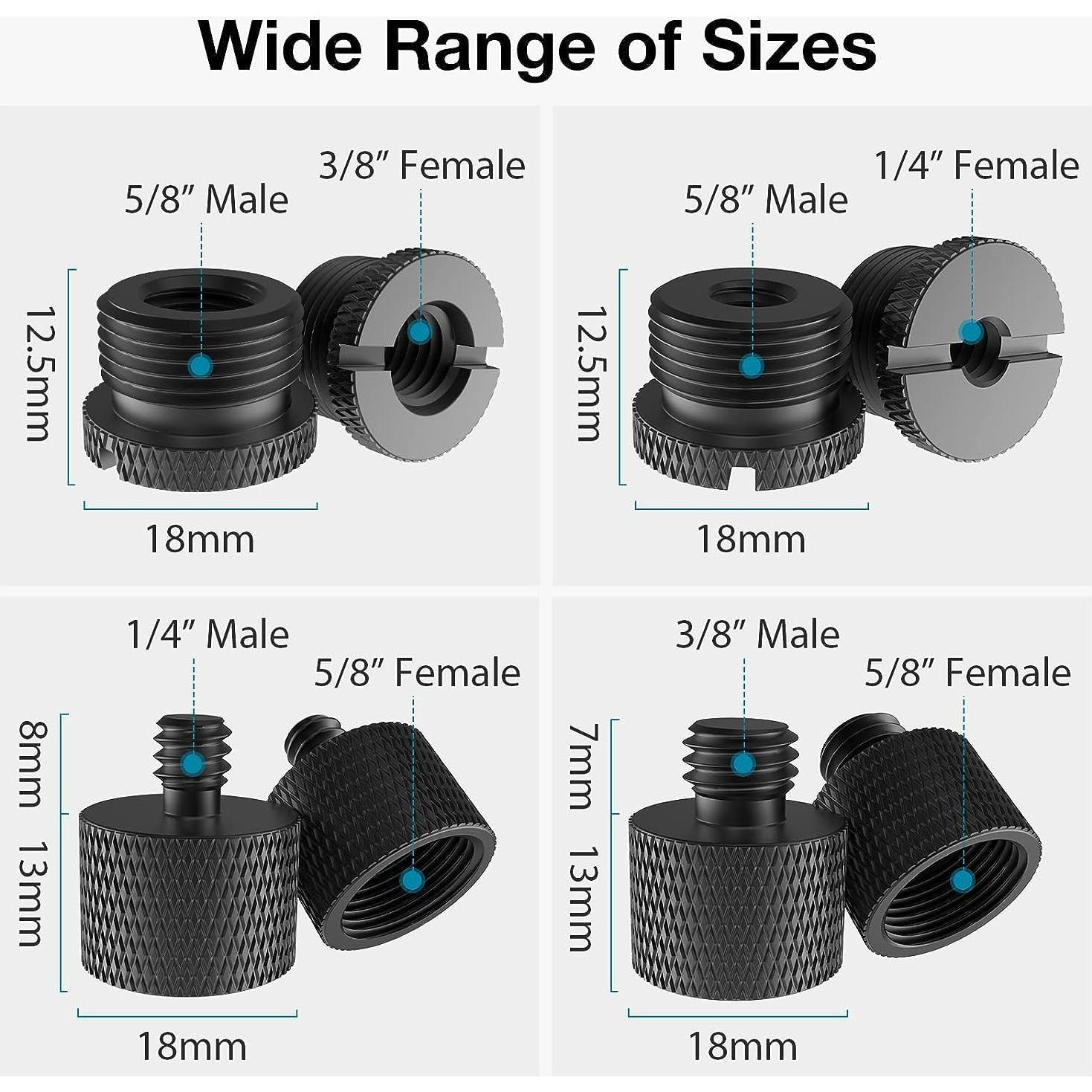 Kit de Adaptadores de Rosca para Micrófono 8 Pcs Aluminio Negro