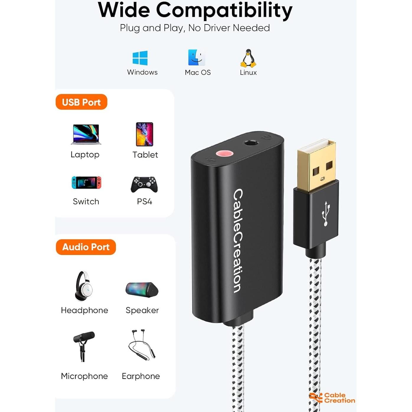 Adaptador de Audio USB CableCreation con Jack 3.5mm Negro