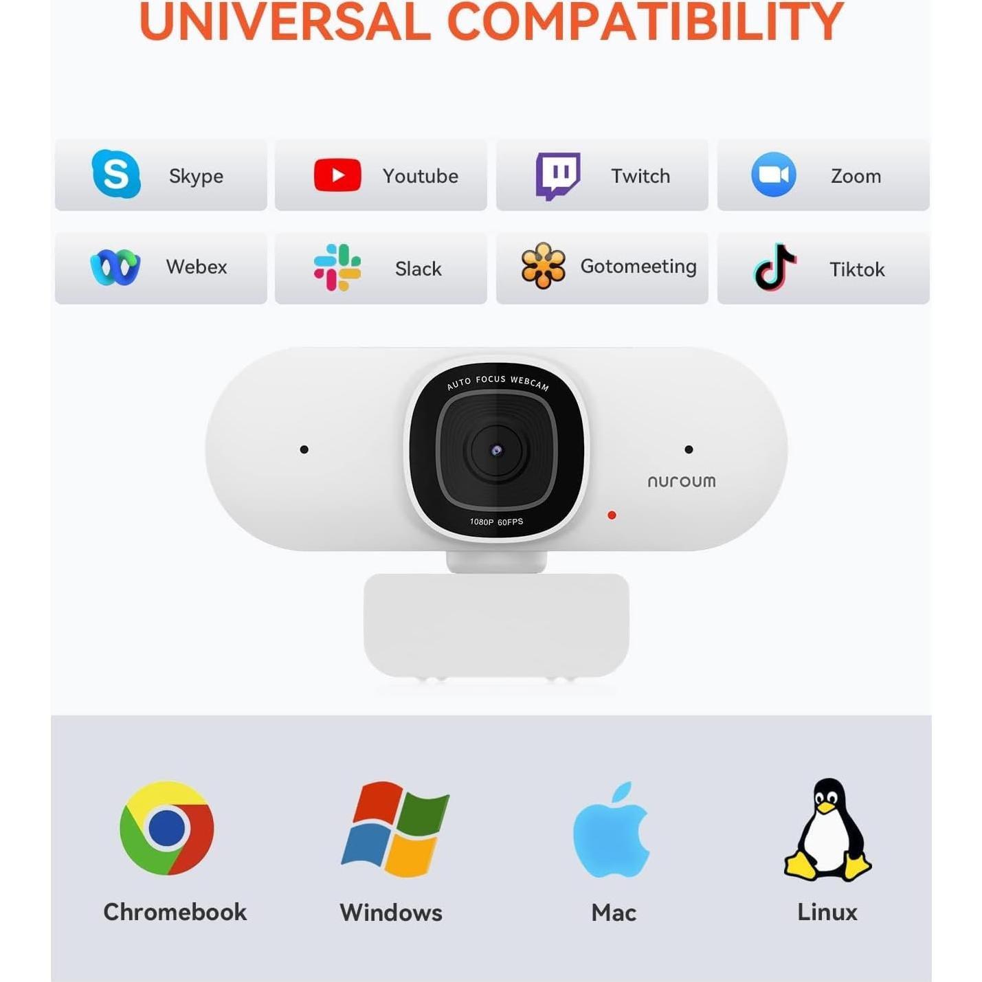 Cámara Web NUROUM V15AF 2K FHD con Autofoco y Micrófono