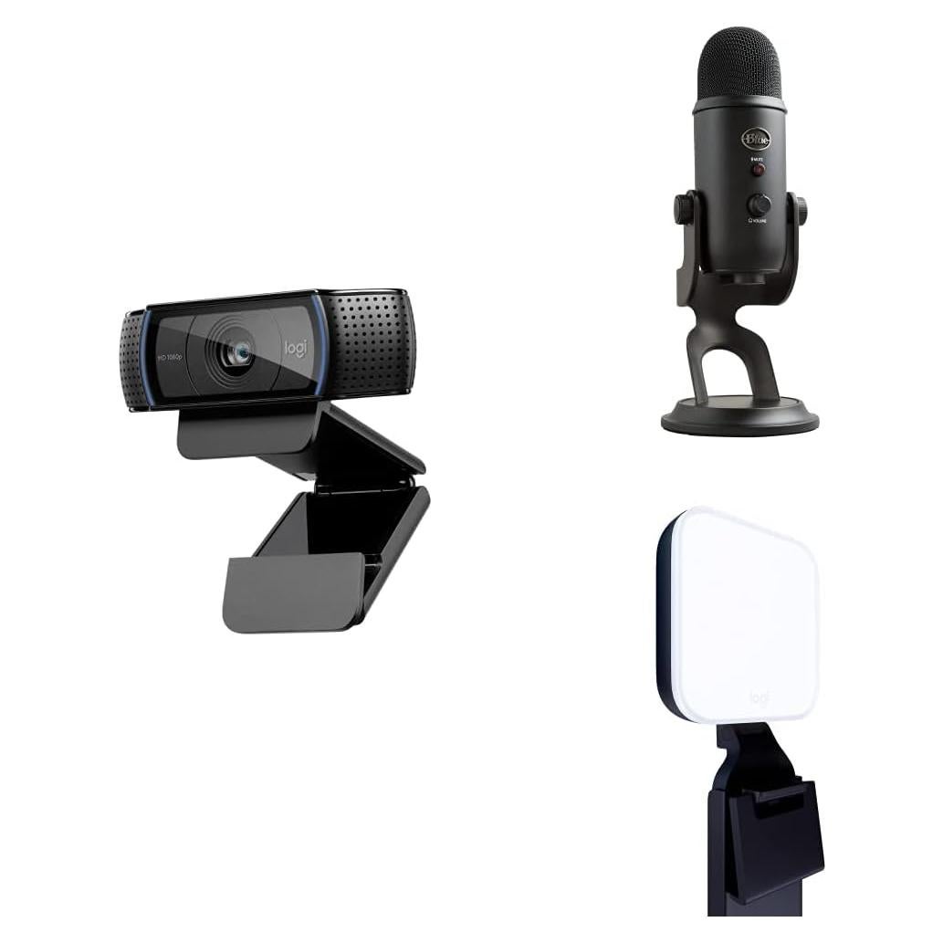 C920x HD Pro Webcam, Full HD 1080p/30fps - Black w/Blue Yeti USB Microphone - Blackout and Litra Glow Premium LED Streaming Light with TrueSoft - Graphite