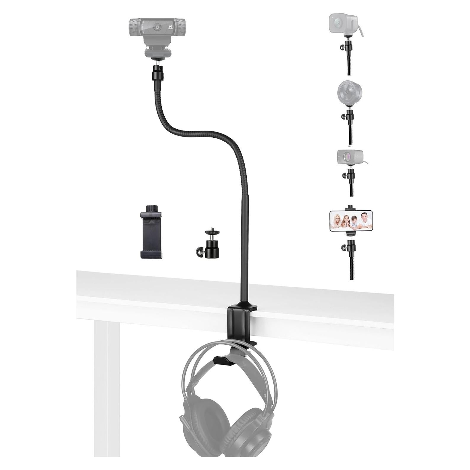 AceTaken 24-Inch Webcam Clamp Mount, Webcam Swivel Stand Holder with Headphone Hook Compatible with Logitech StreamCam C920 C930 C922 C925 C615 Brio 4K webcams - 1/4''-20 Interface