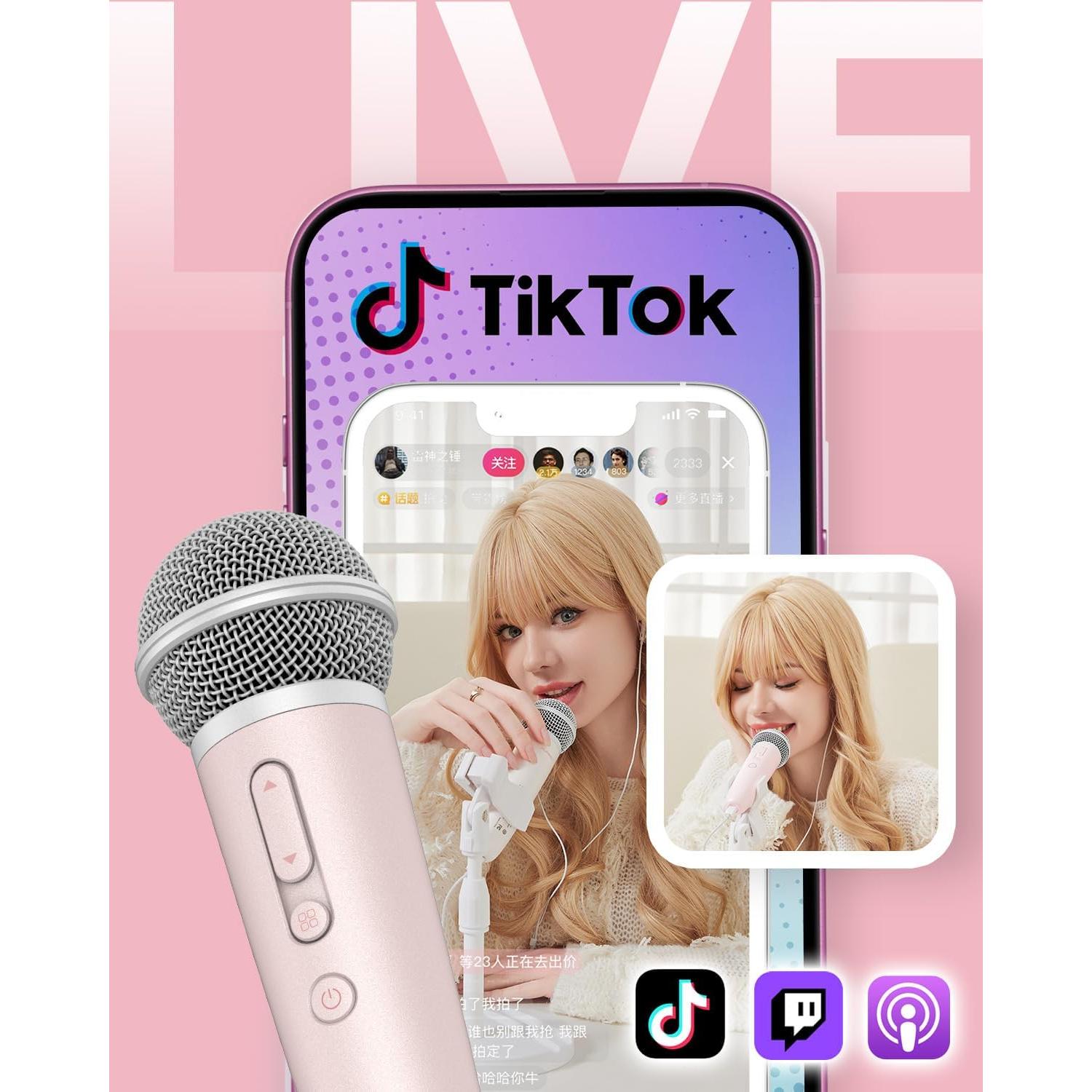 Micrófono de Karaoke Puremic MX1 Rosa con Auriculares y Soporte