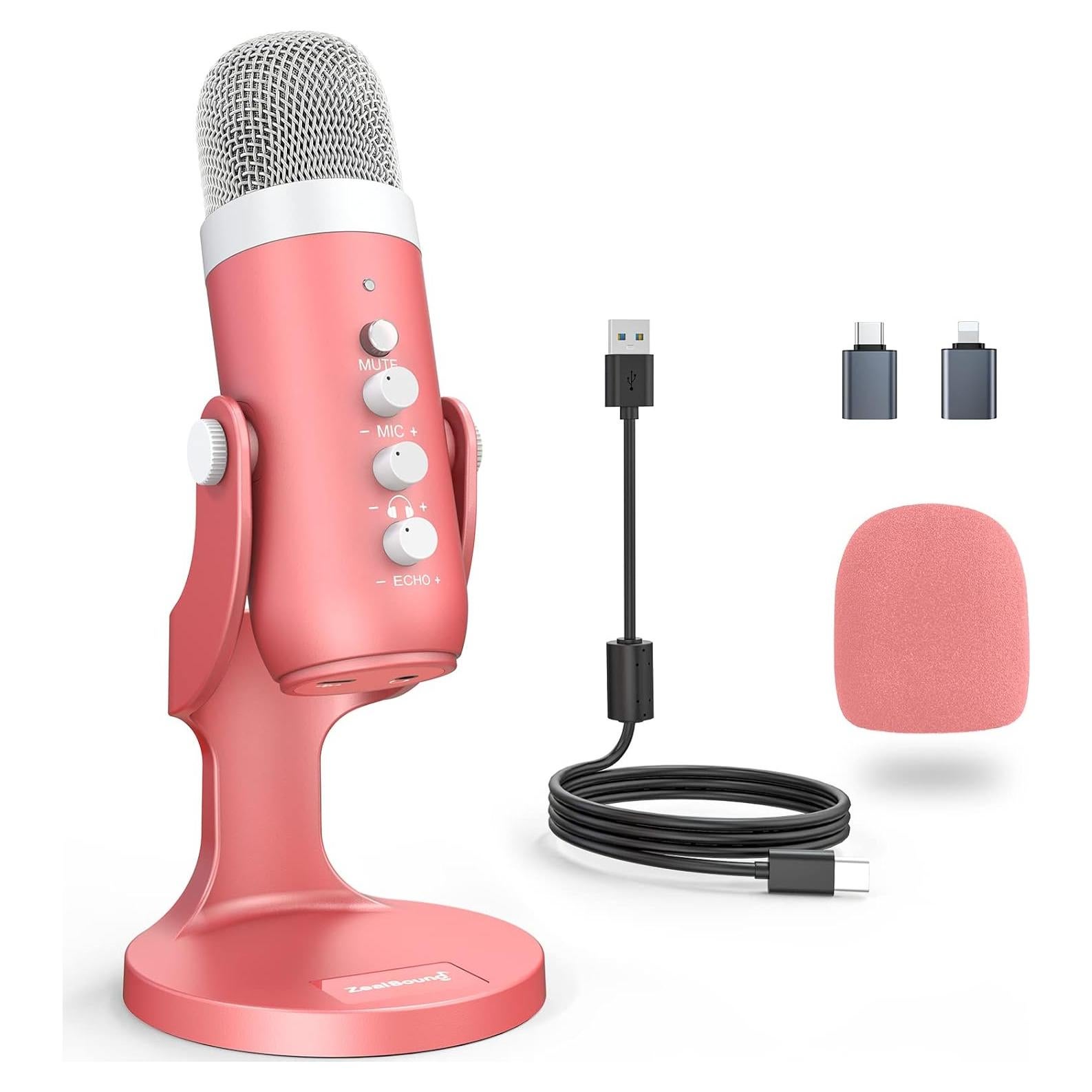 Micrófono USB Rosa ZealSound K66 con Control de Ganancia