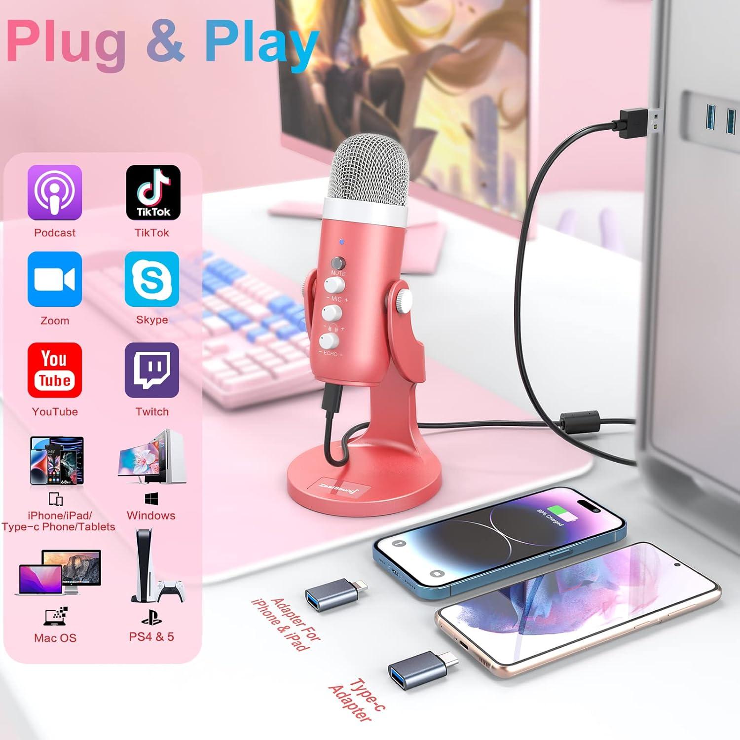 Micrófono USB Rosa ZealSound K66 con Control de Ganancia