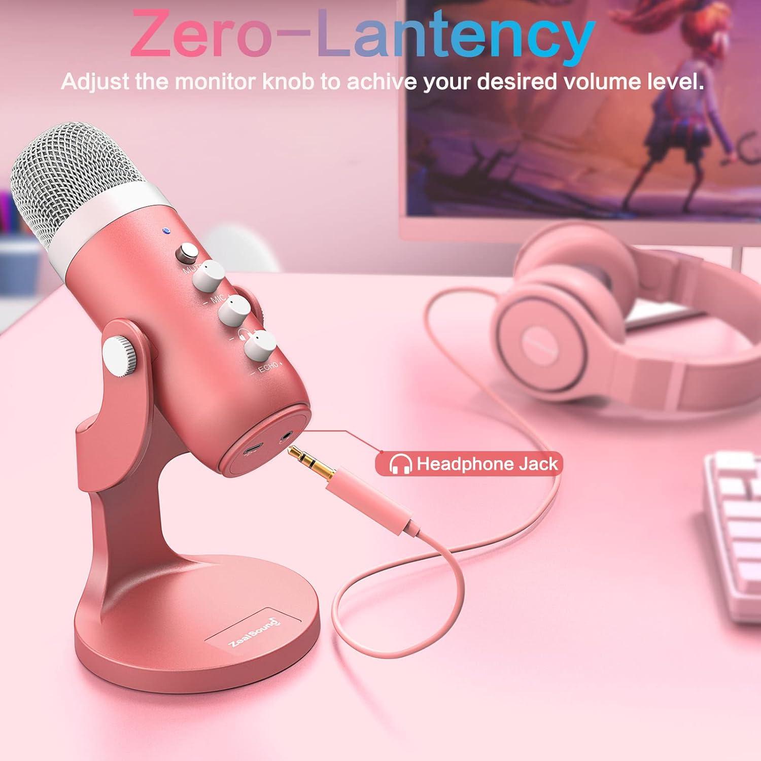Micrófono USB Rosa ZealSound K66 con Control de Ganancia