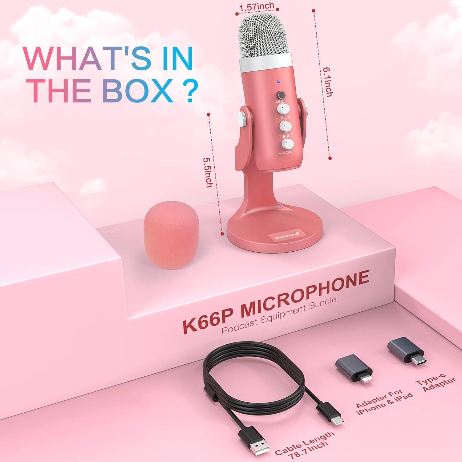 Micrófono USB Rosa ZealSound K66 con Control de Ganancia